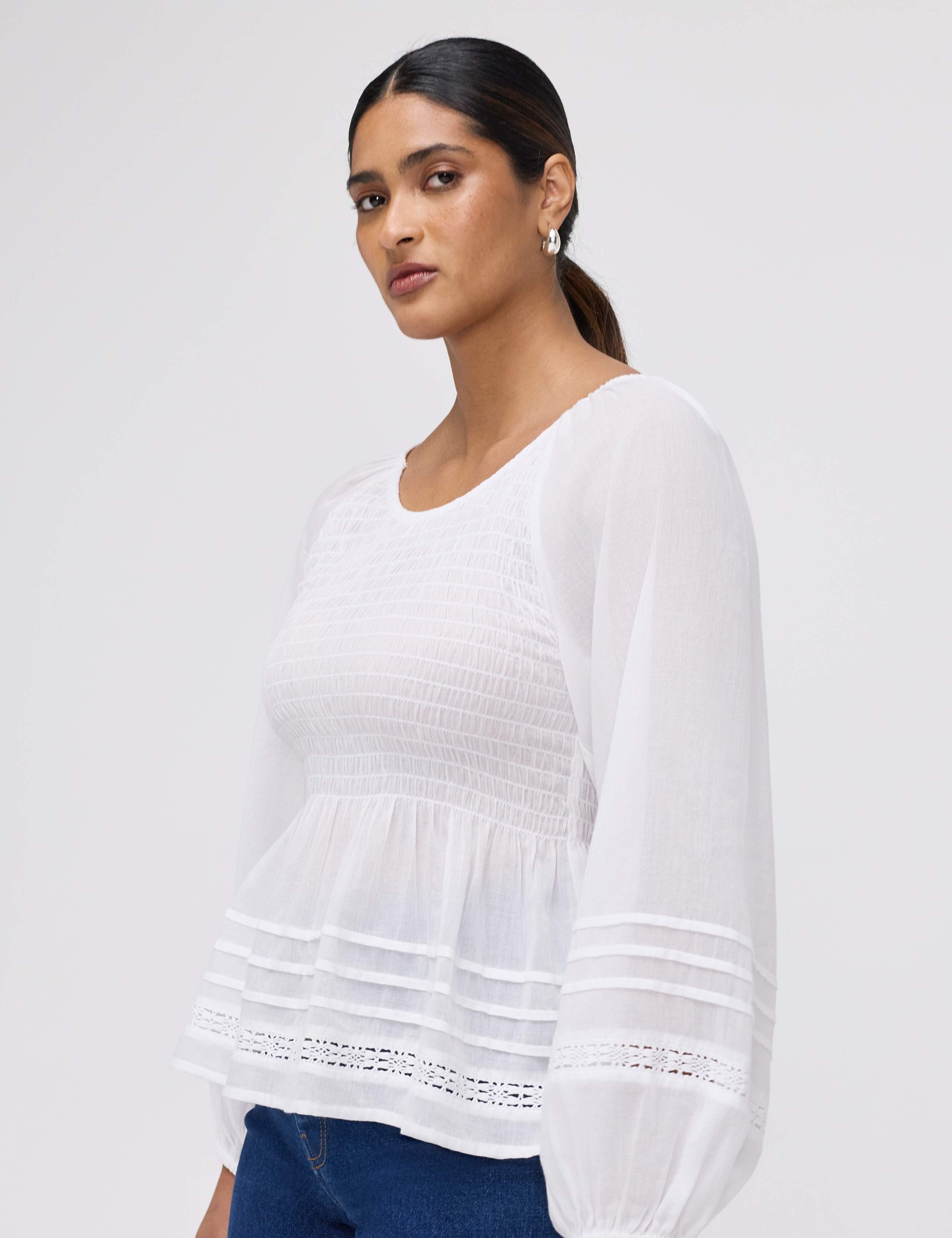 Pure Cotton Shirred Blouson Sleeve Top 2 of 7