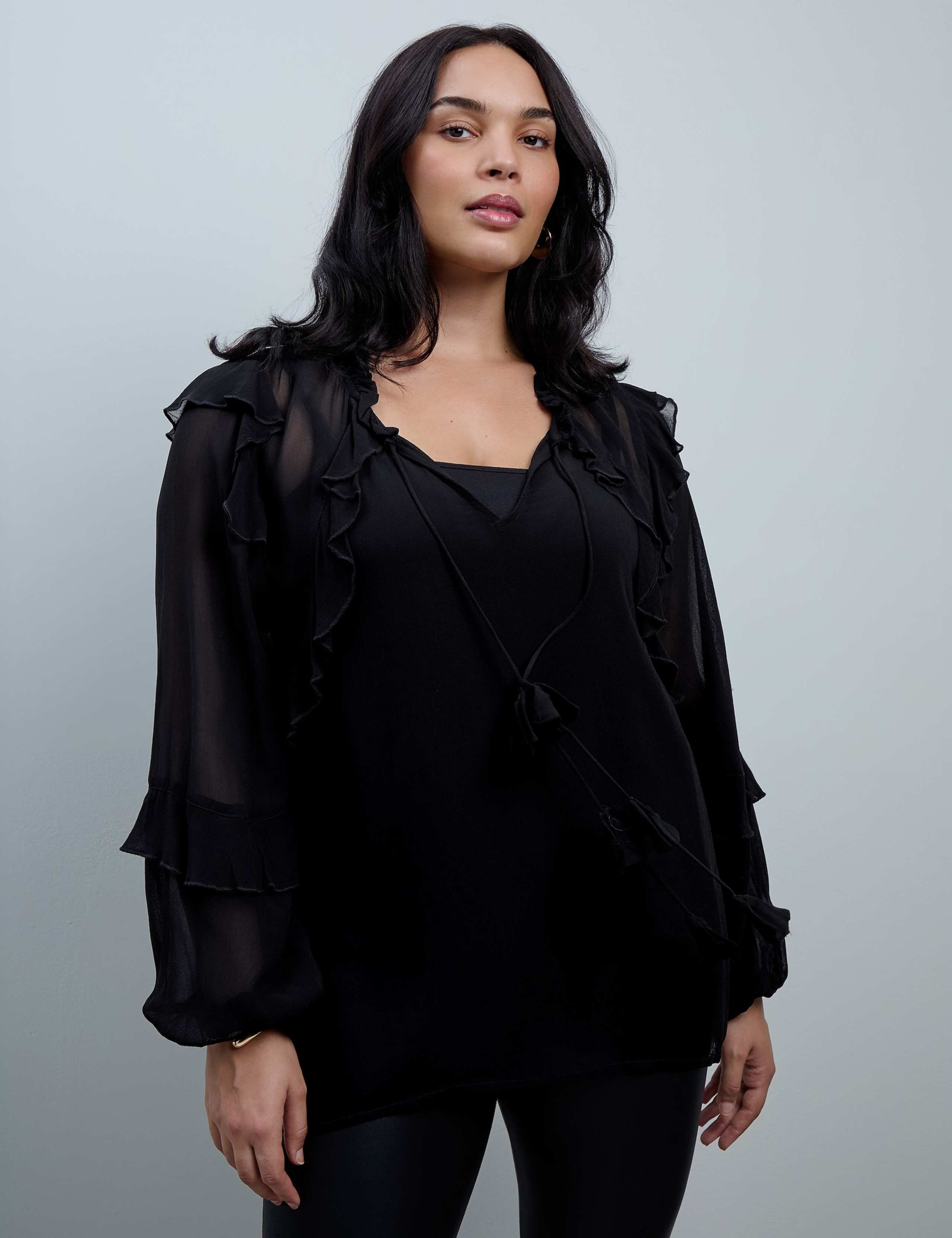 Curve Tie Neck Ruffle Cami Lined Blouse 1 of 5