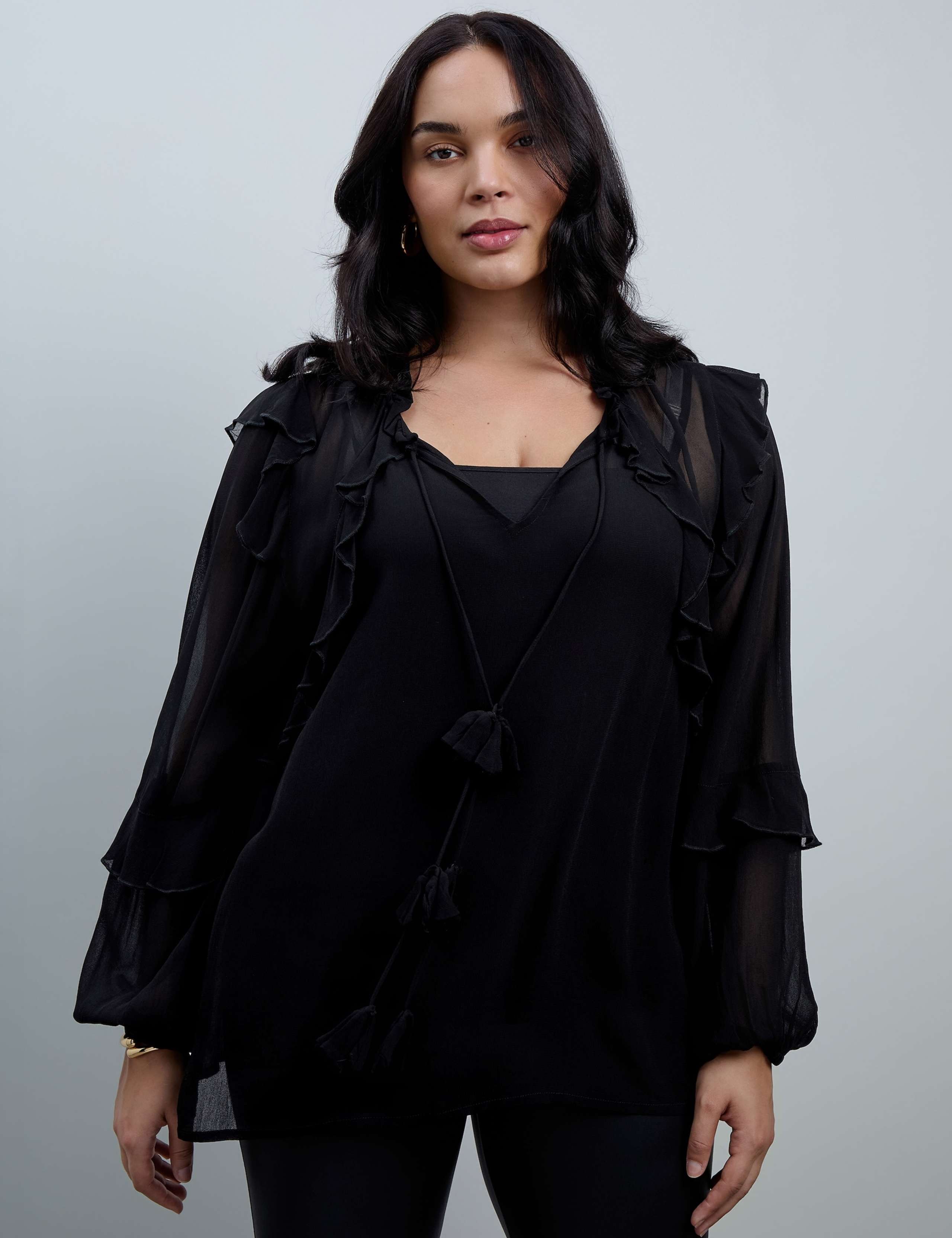 Curve Tie Neck Ruffle Cami Lined Blouse 4 of 5