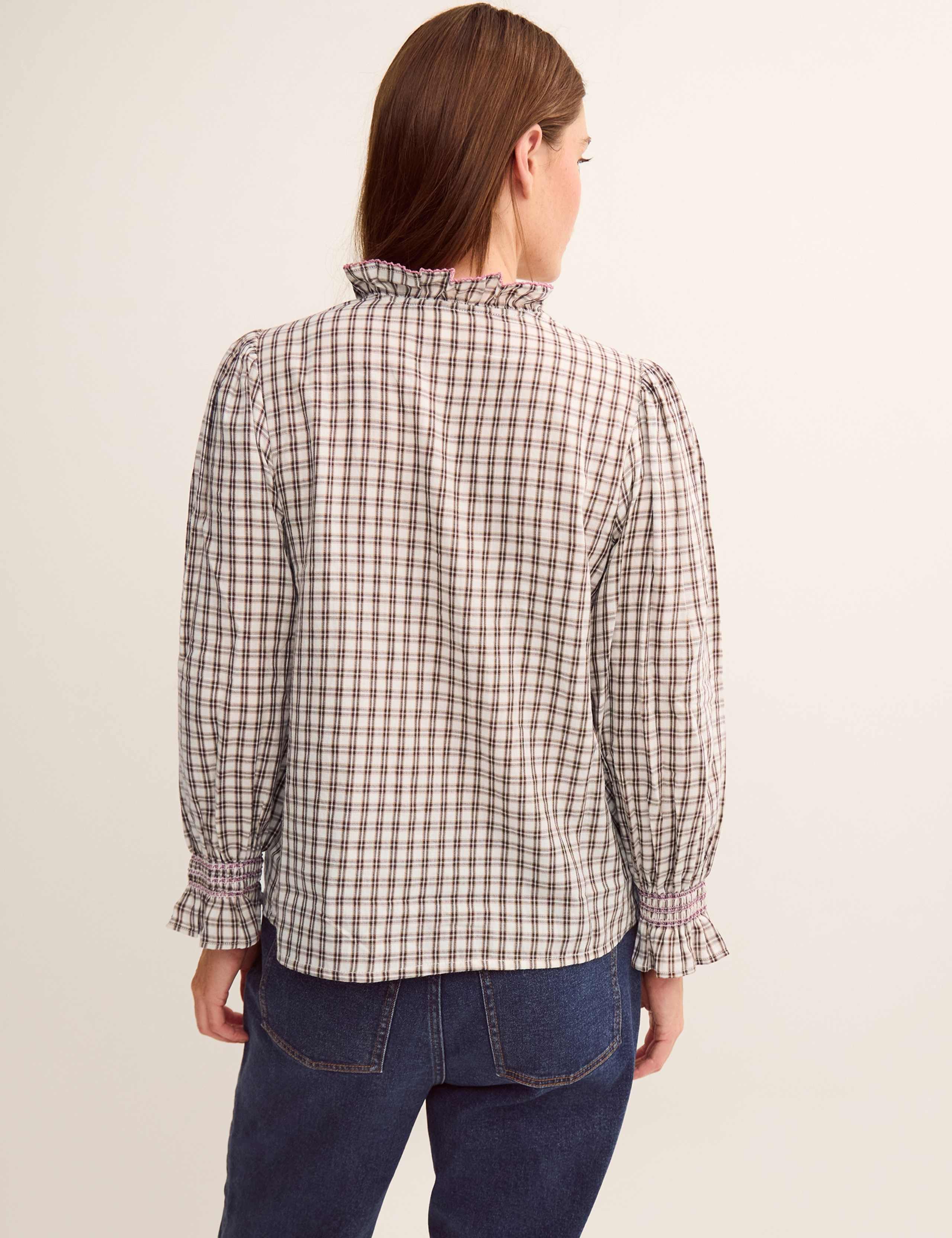 Pure Cotton Checked Frill Neck Shirt 2 of 4