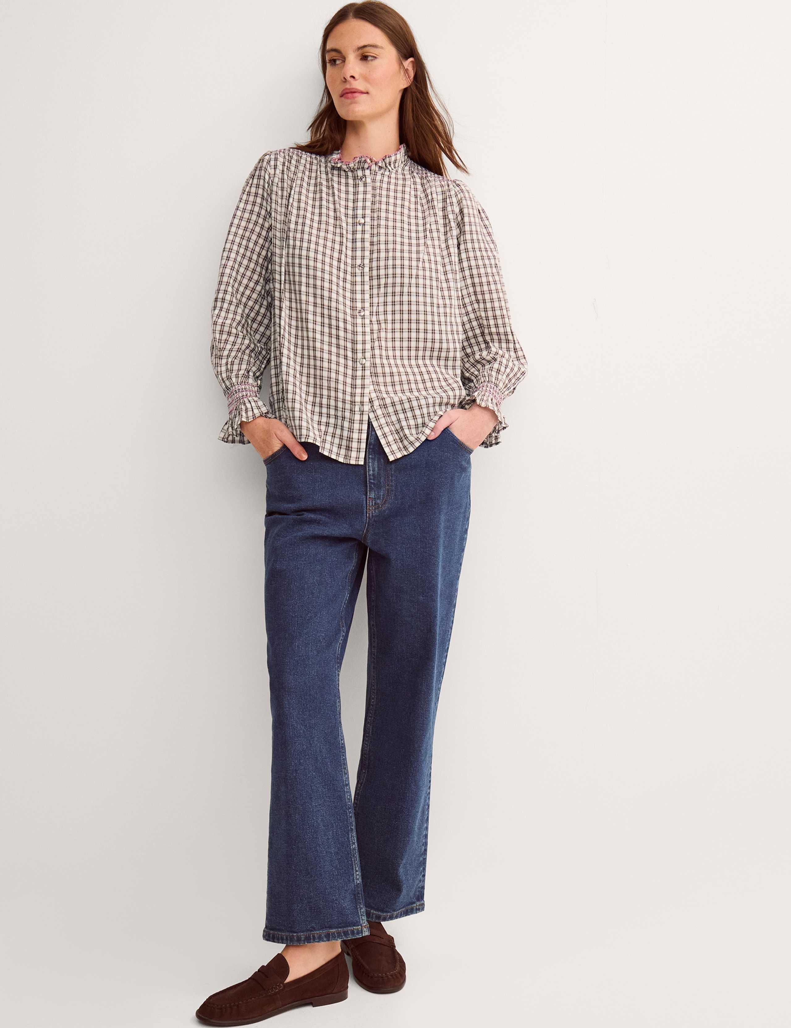 Pure Cotton Checked Frill Neck Shirt 3 of 4