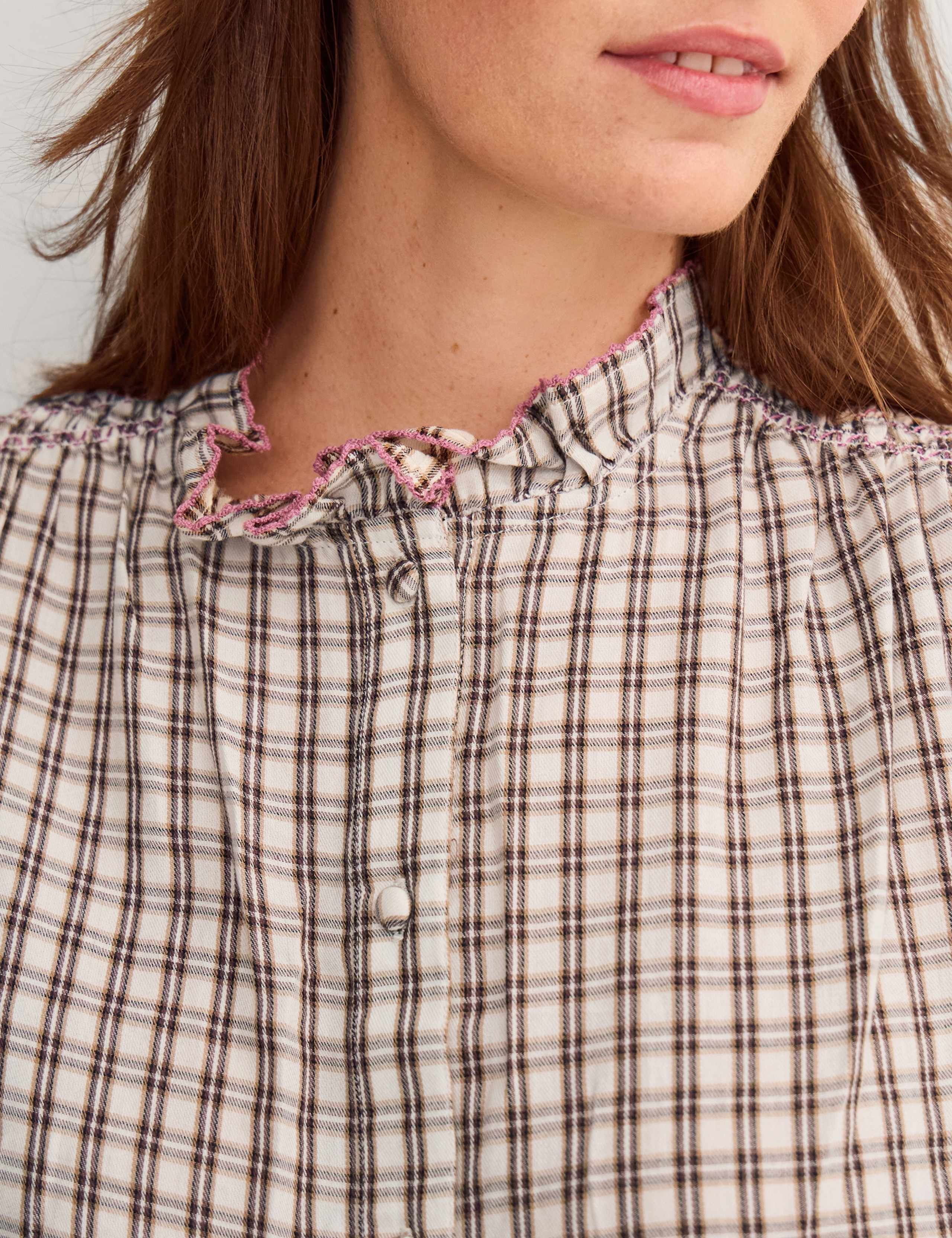 Pure Cotton Checked Frill Neck Shirt 4 of 4