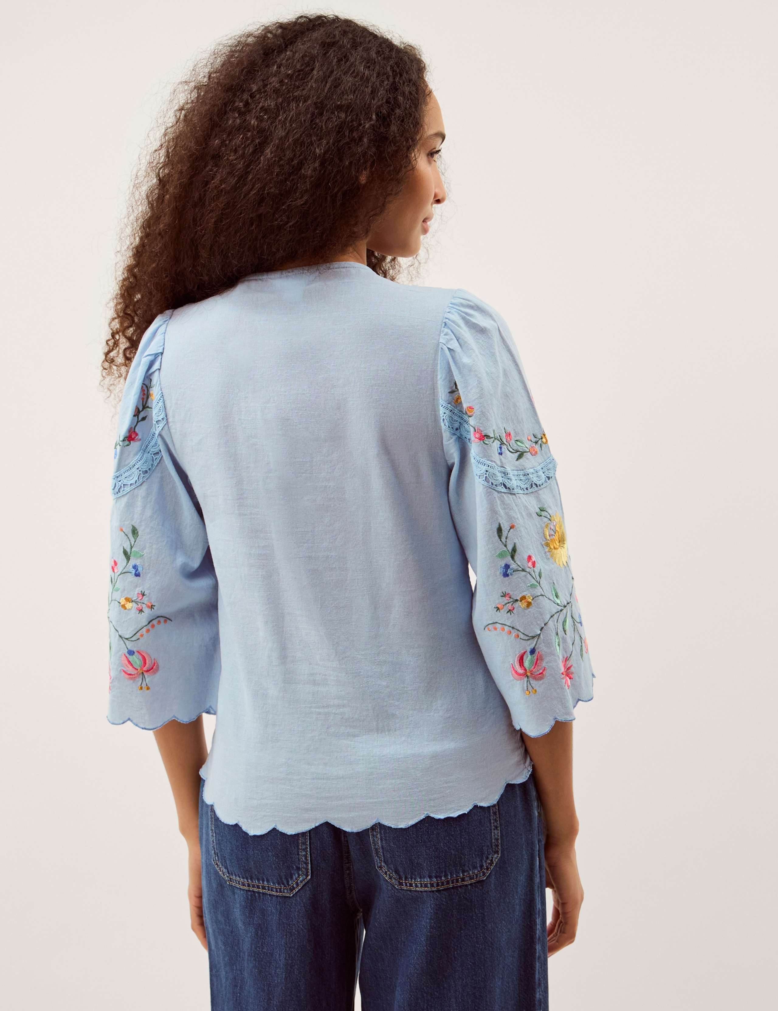 Cotton Rich Embroidered Blouse with Linen 3 of 4