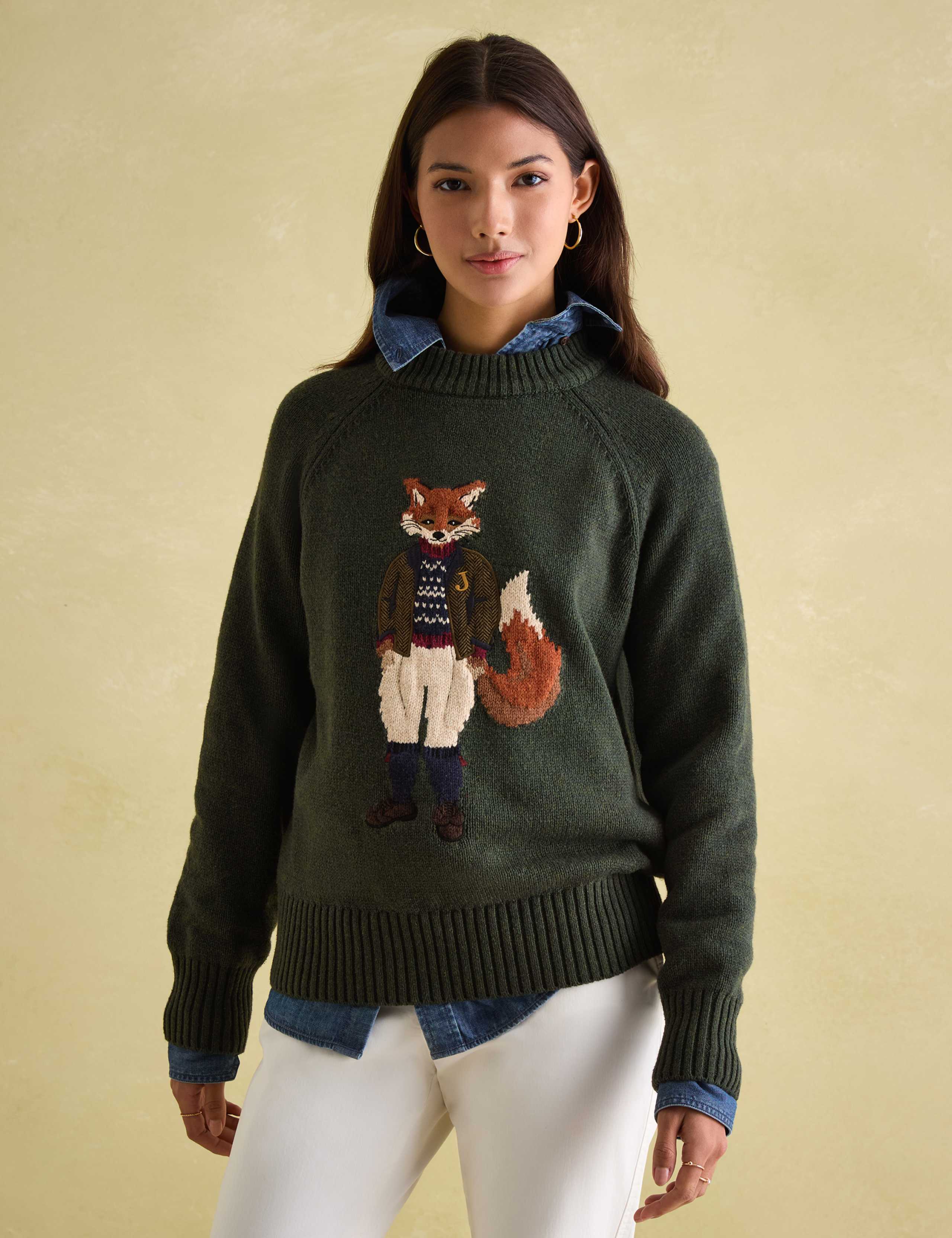 Fox Patterned Crew Neck Jumper with Wool 1 of 6