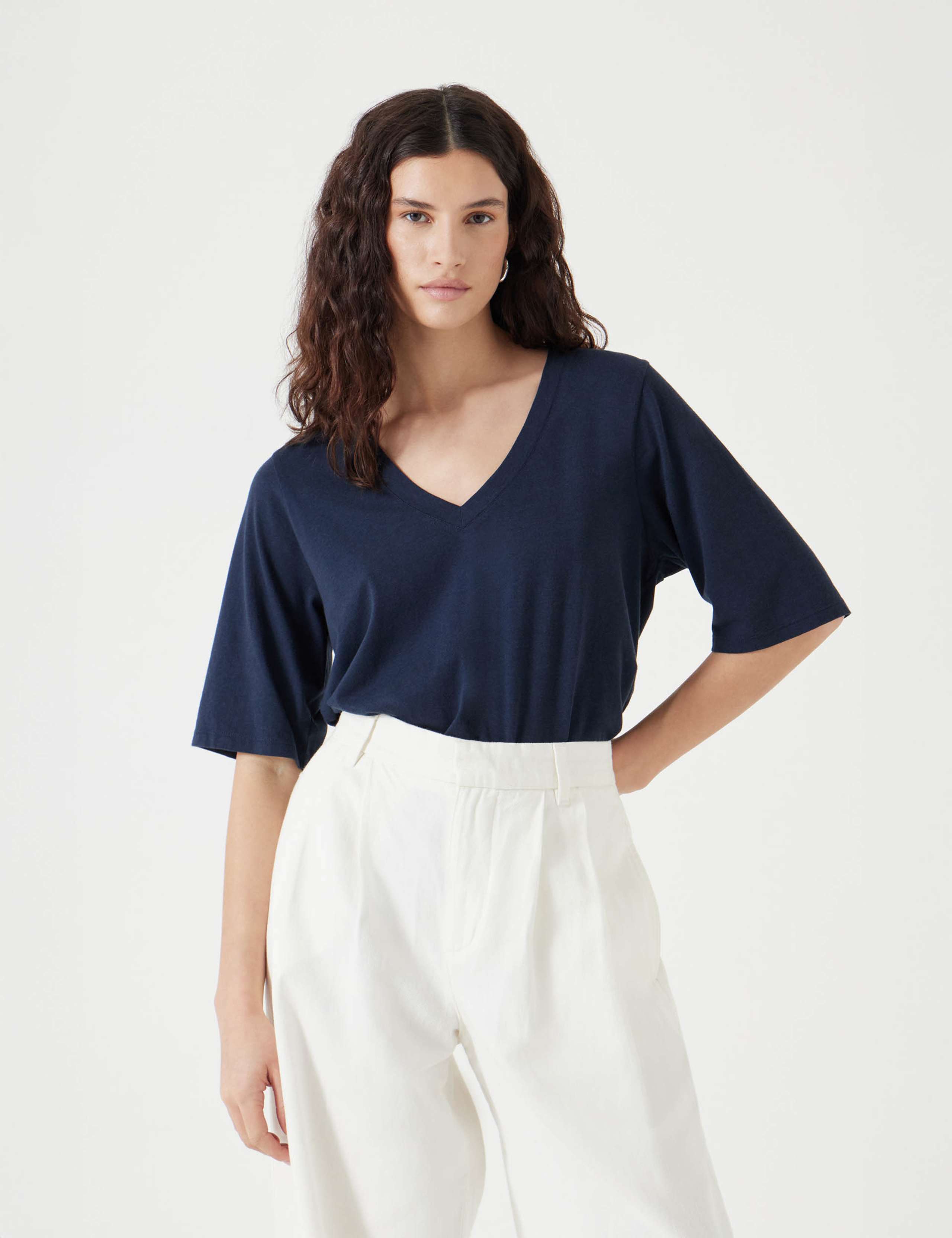 Reece Cotton Rich V-Neck Drapey T-Shirt 1 of 4