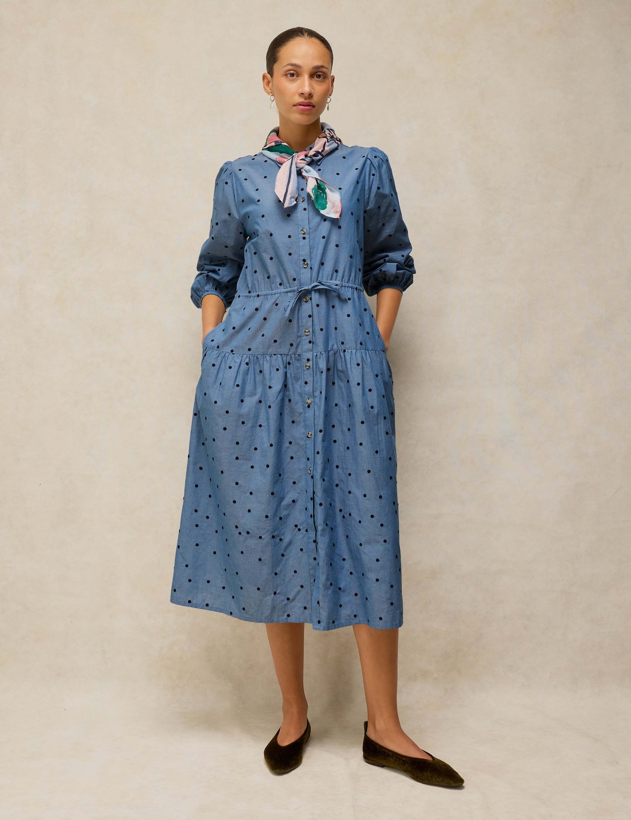 Polka Dot Embroidered Midi Tiered Shirt Dress 1 of 6