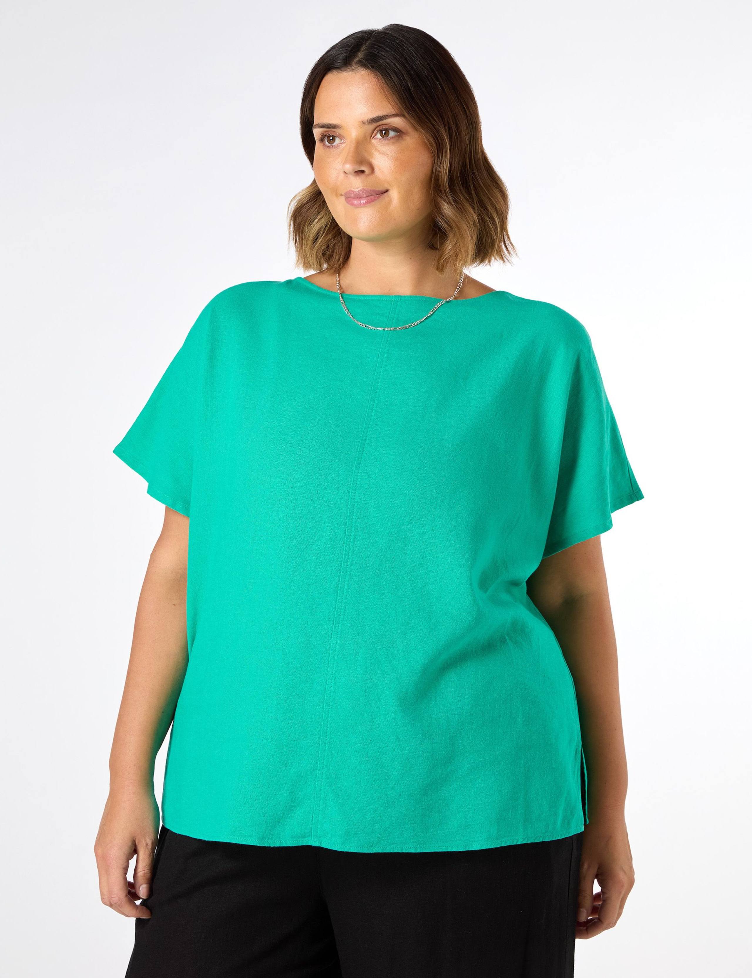 Linen Blend Round Neck Seam Detail T-Shirt 1 of 3