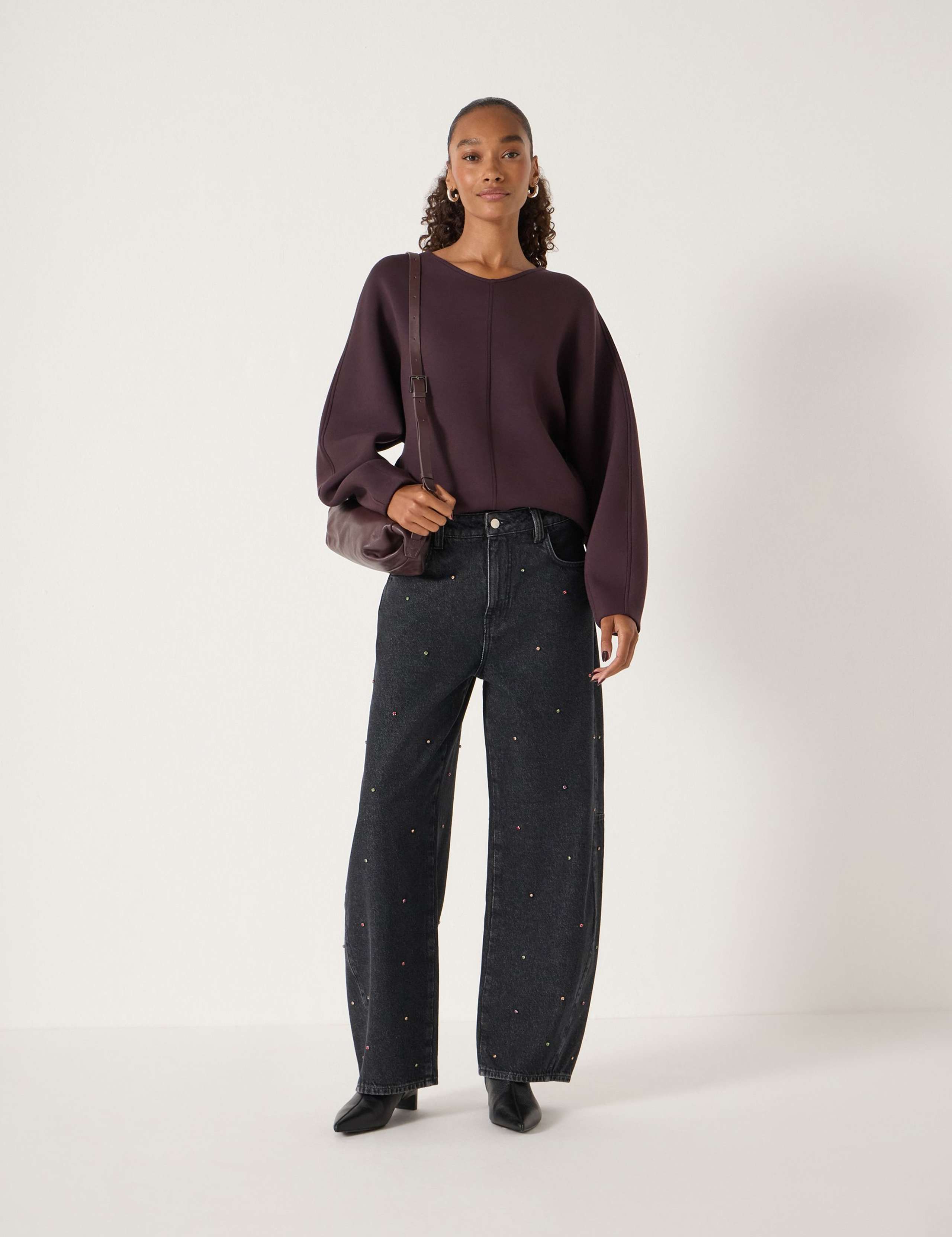 Textured V-Neck Barrel Sleeve Sweatshirt 3 of 5