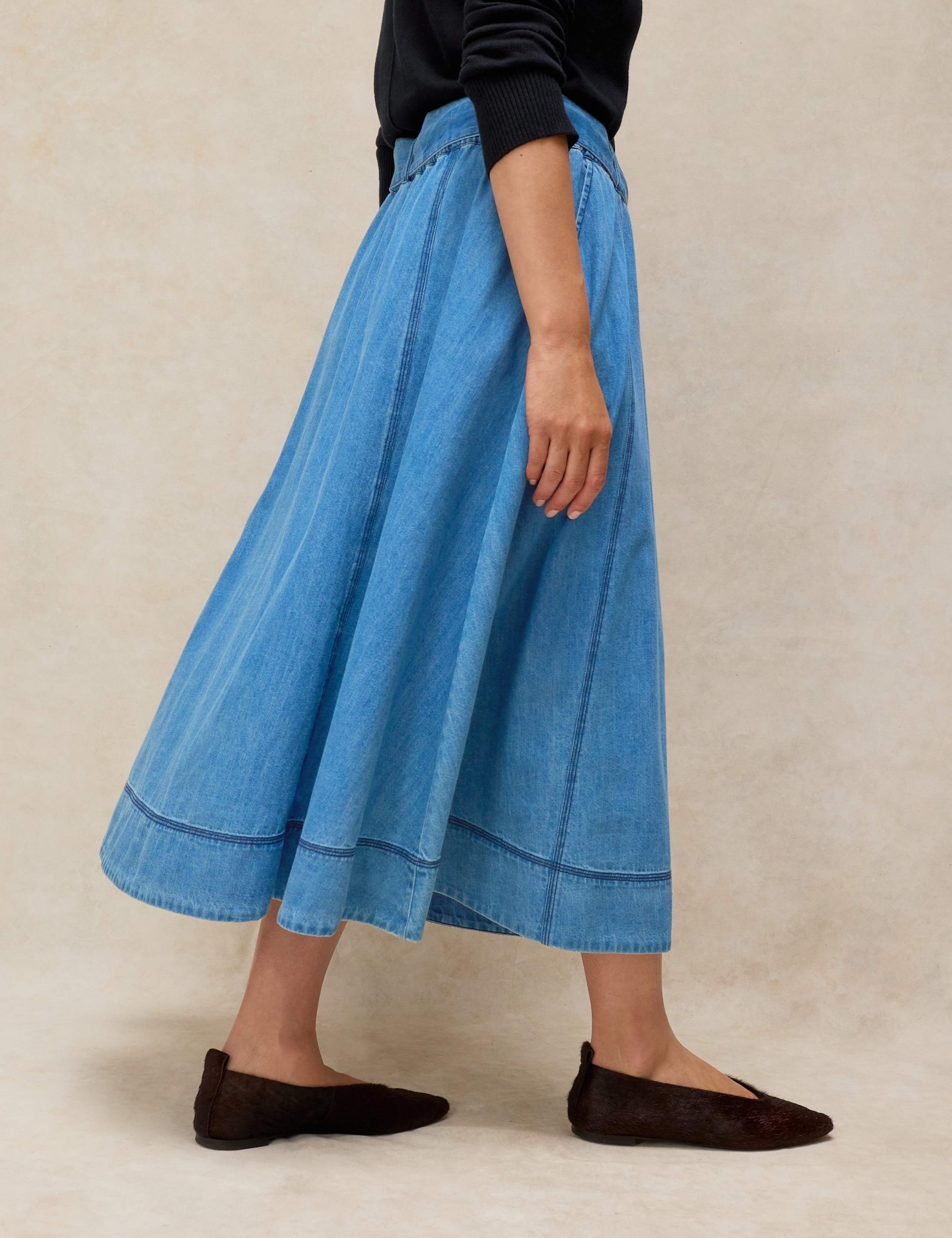 Pure Cotton Denim Midi A-Line Skirt 3 of 6