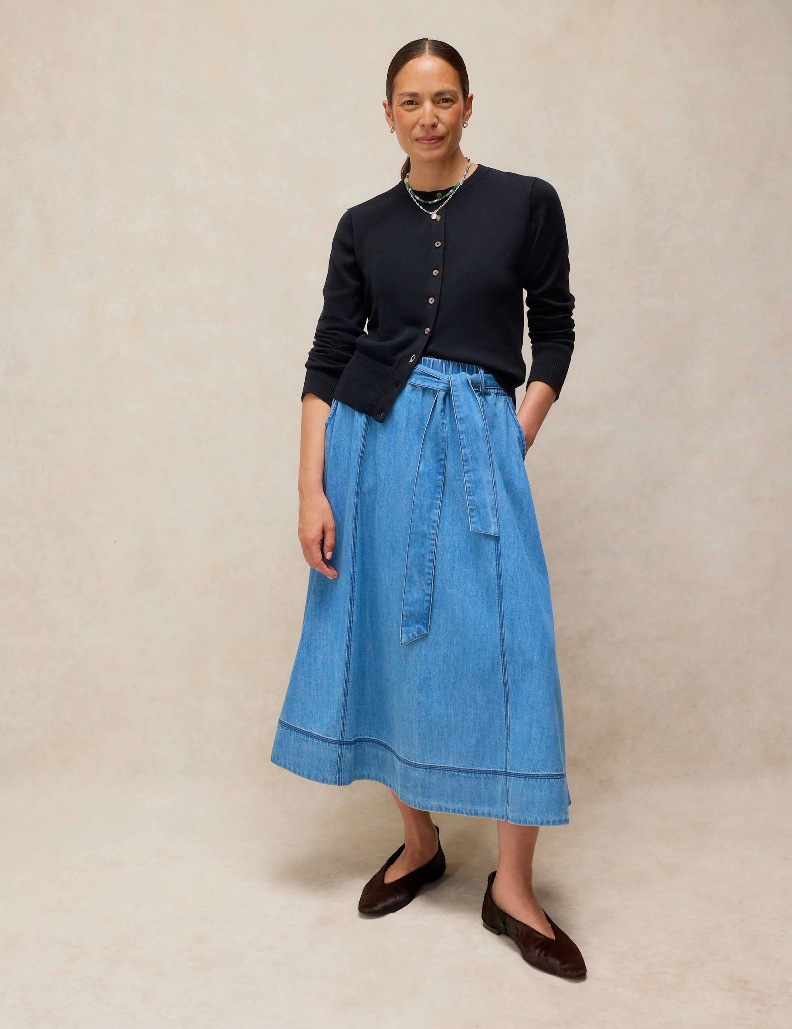 Pure Cotton Denim Midi A-Line Skirt 4 of 6