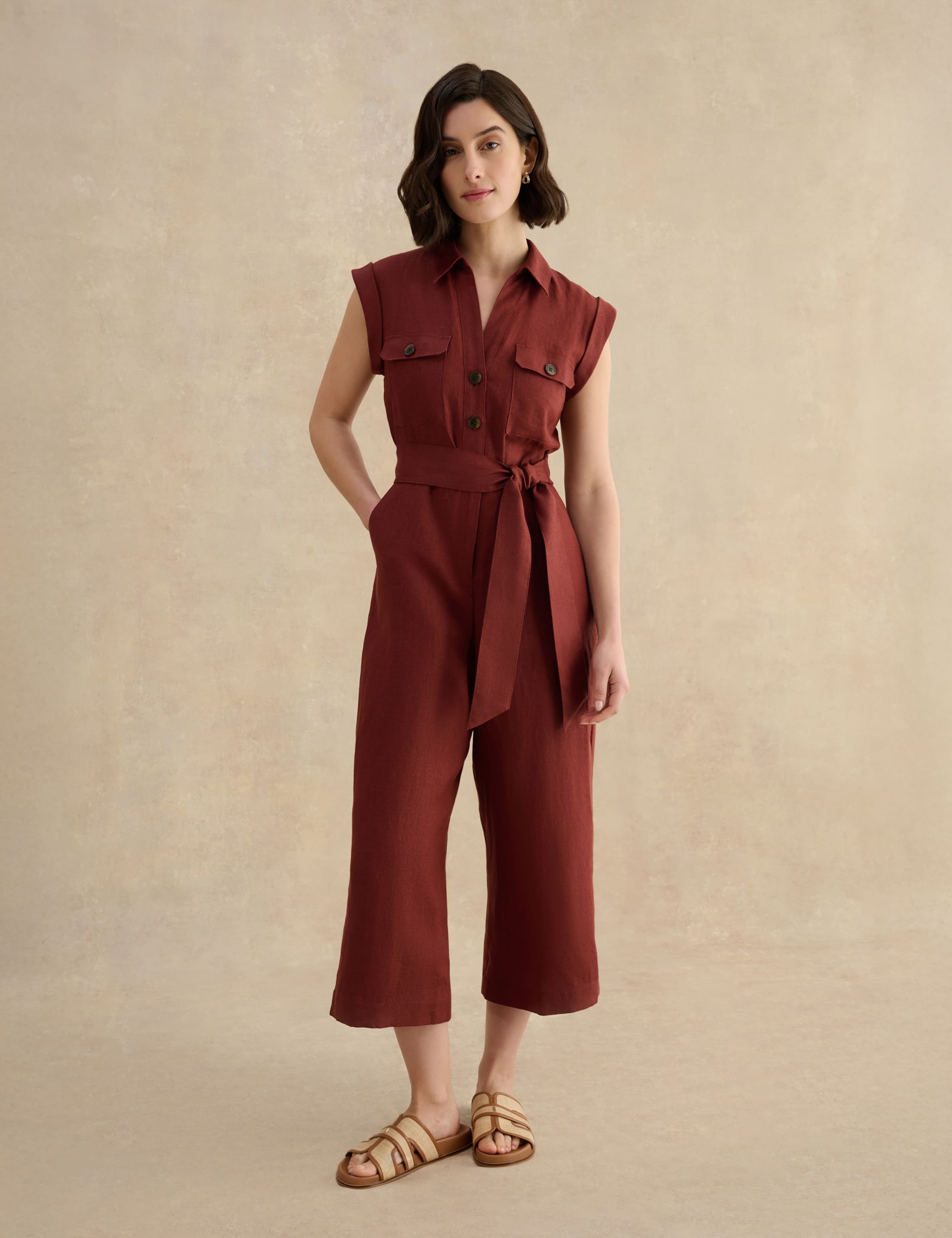 Pure Linen Button Front Cropped Jumpsuit 2 of 5