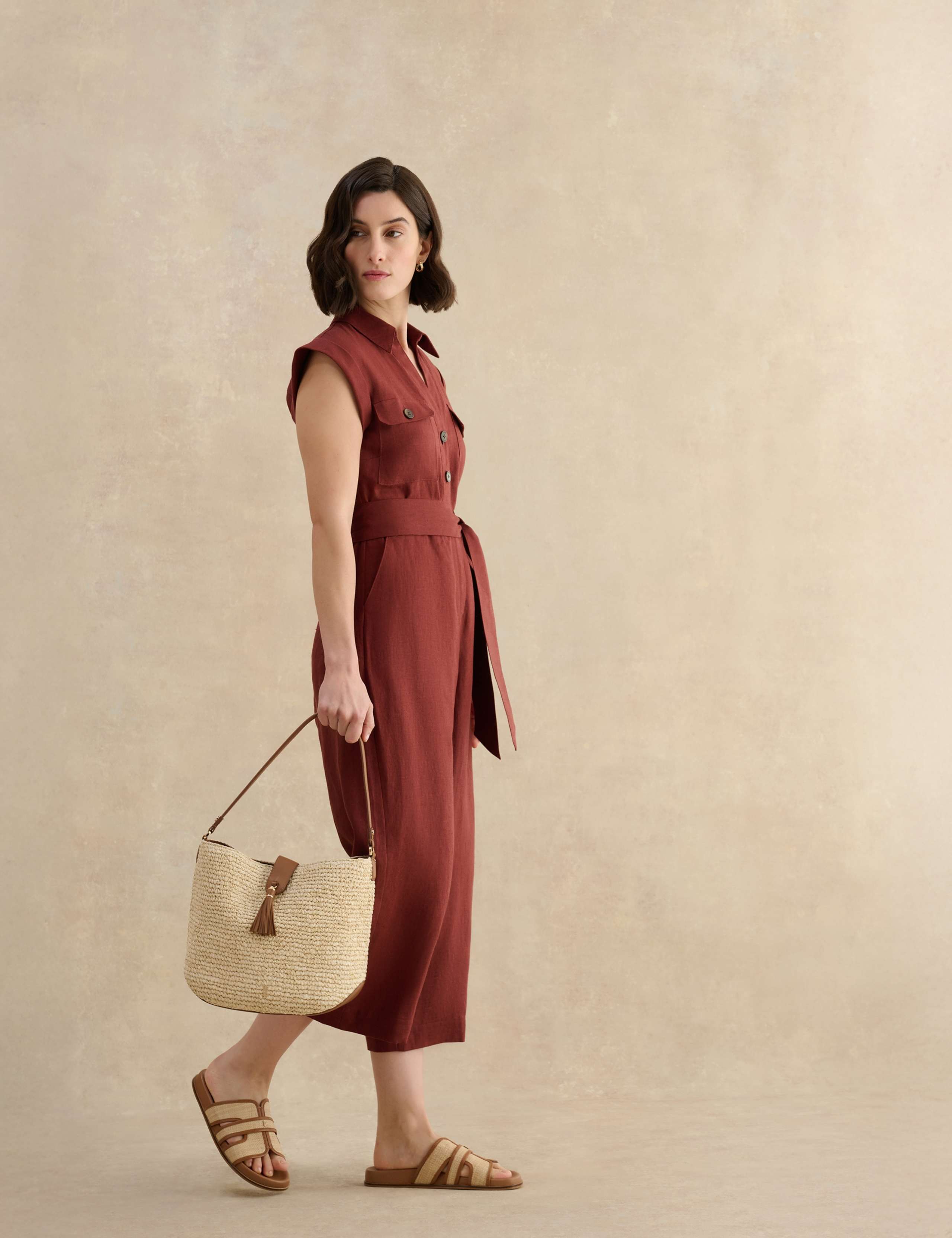 Pure Linen Button Front Cropped Jumpsuit 3 of 5