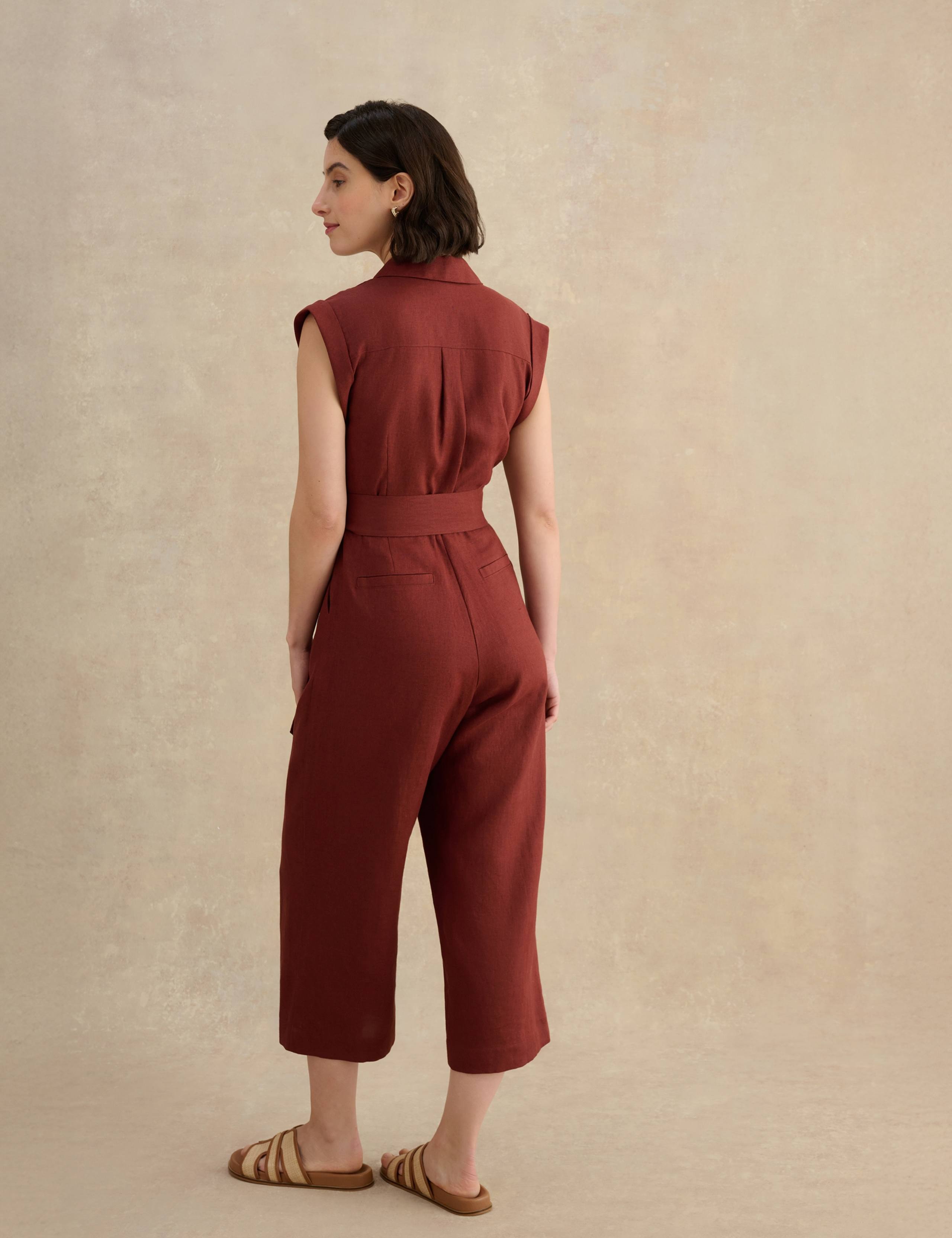 Pure Linen Button Front Cropped Jumpsuit 4 of 5