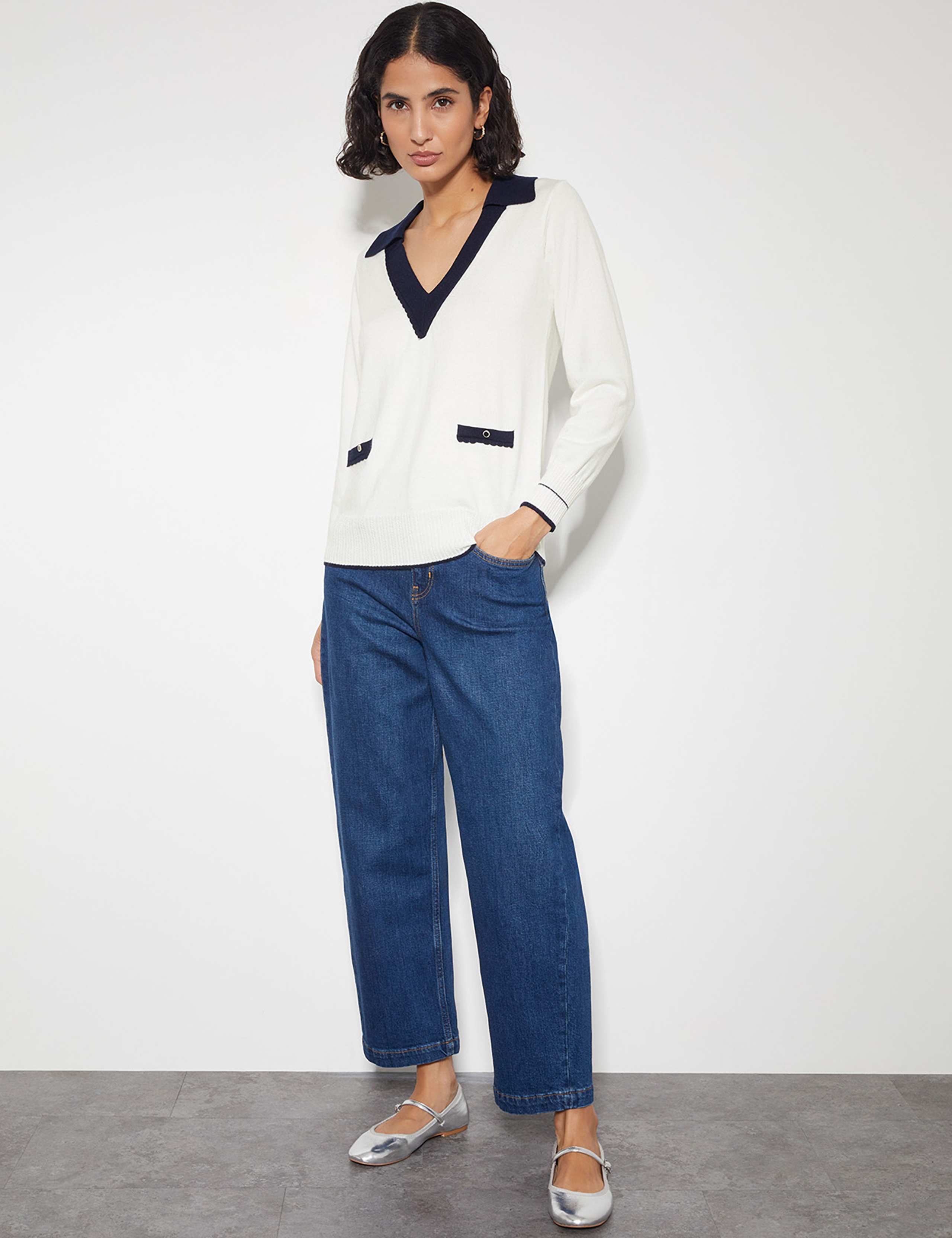 Collared V-Neck Button Detail Jumper with Wool 4 of 5