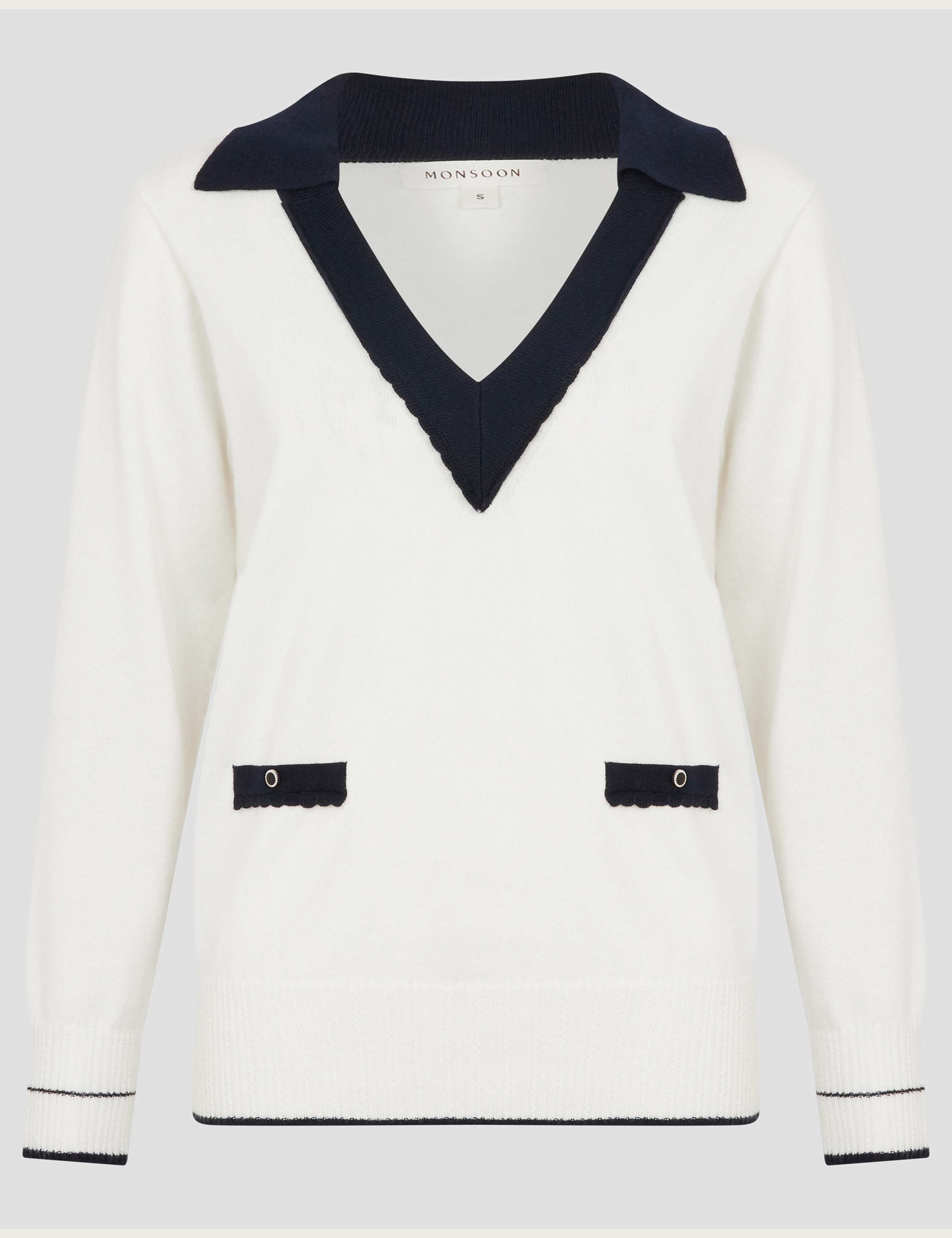 Collared V-Neck Button Detail Jumper with Wool 2 of 5