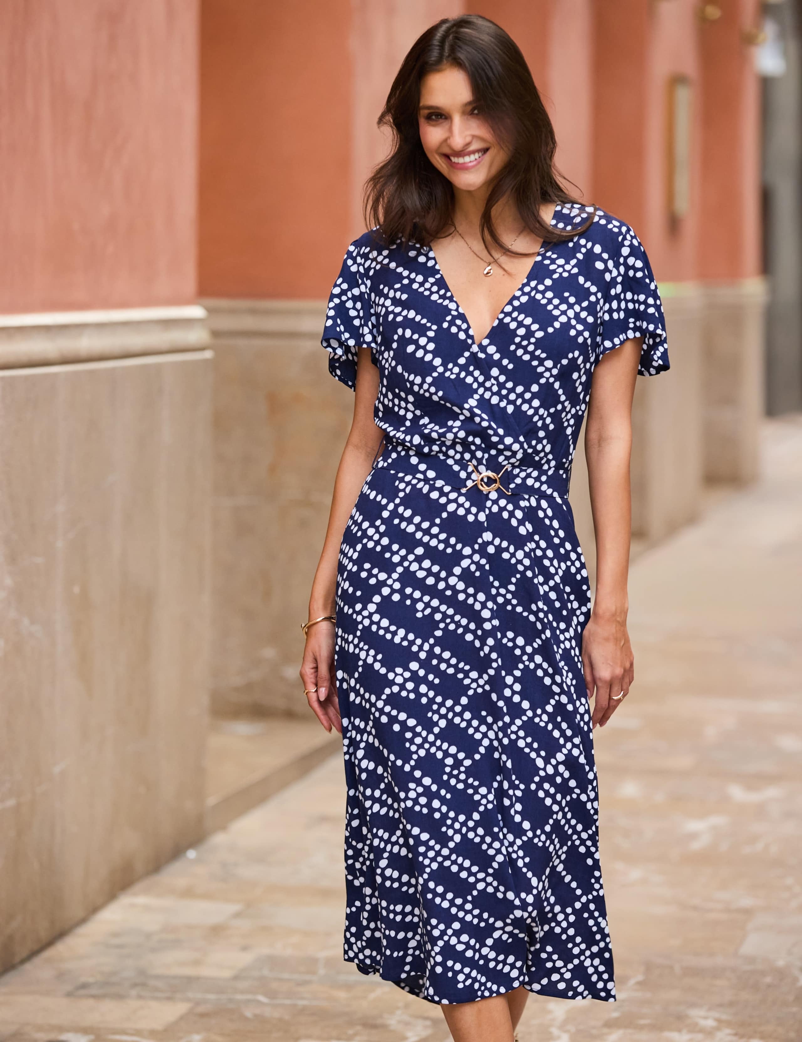 Spot Print V-Neck Belted Midi Skater Dress 1 of 5