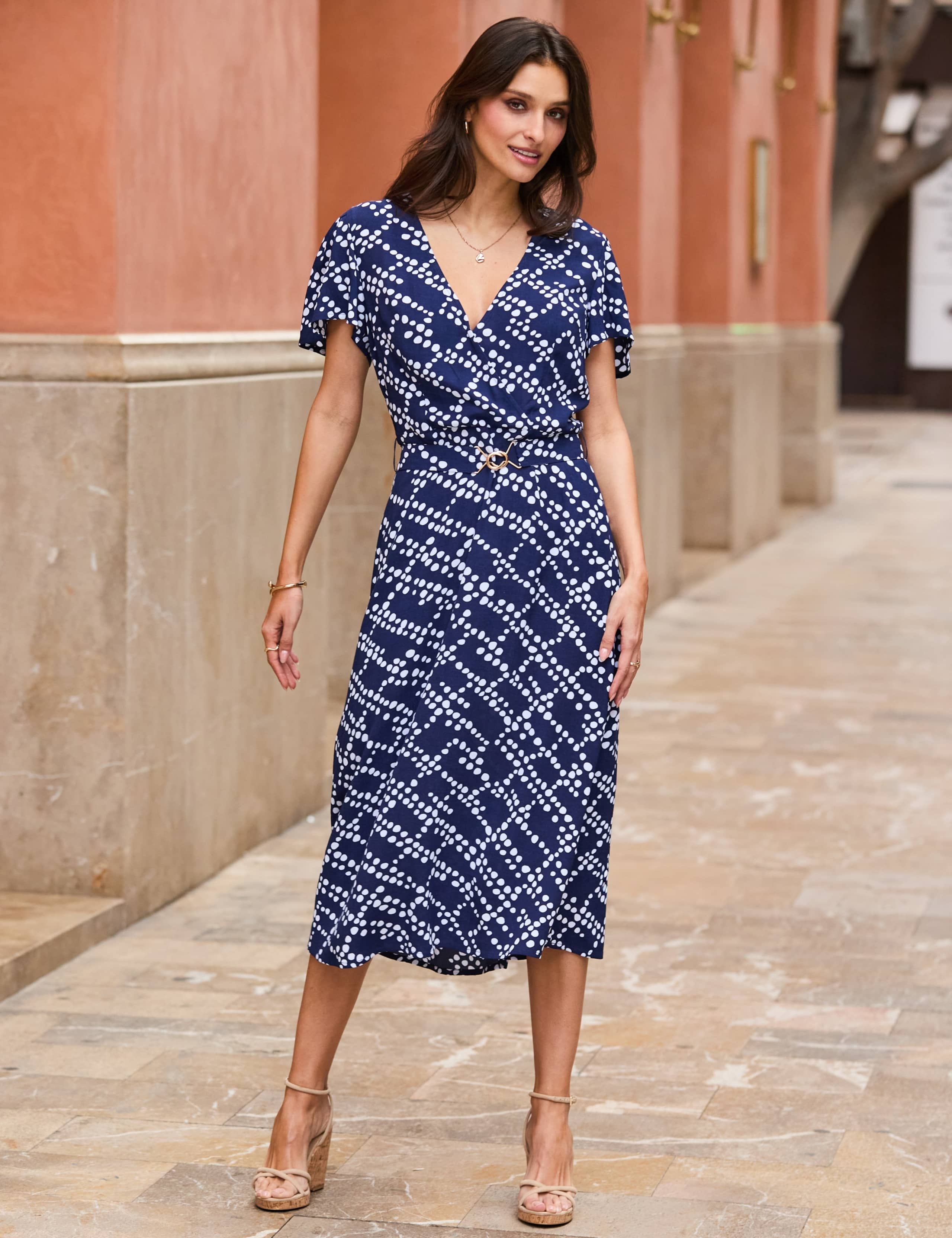 Spot Print V-Neck Belted Midi Skater Dress 5 of 5