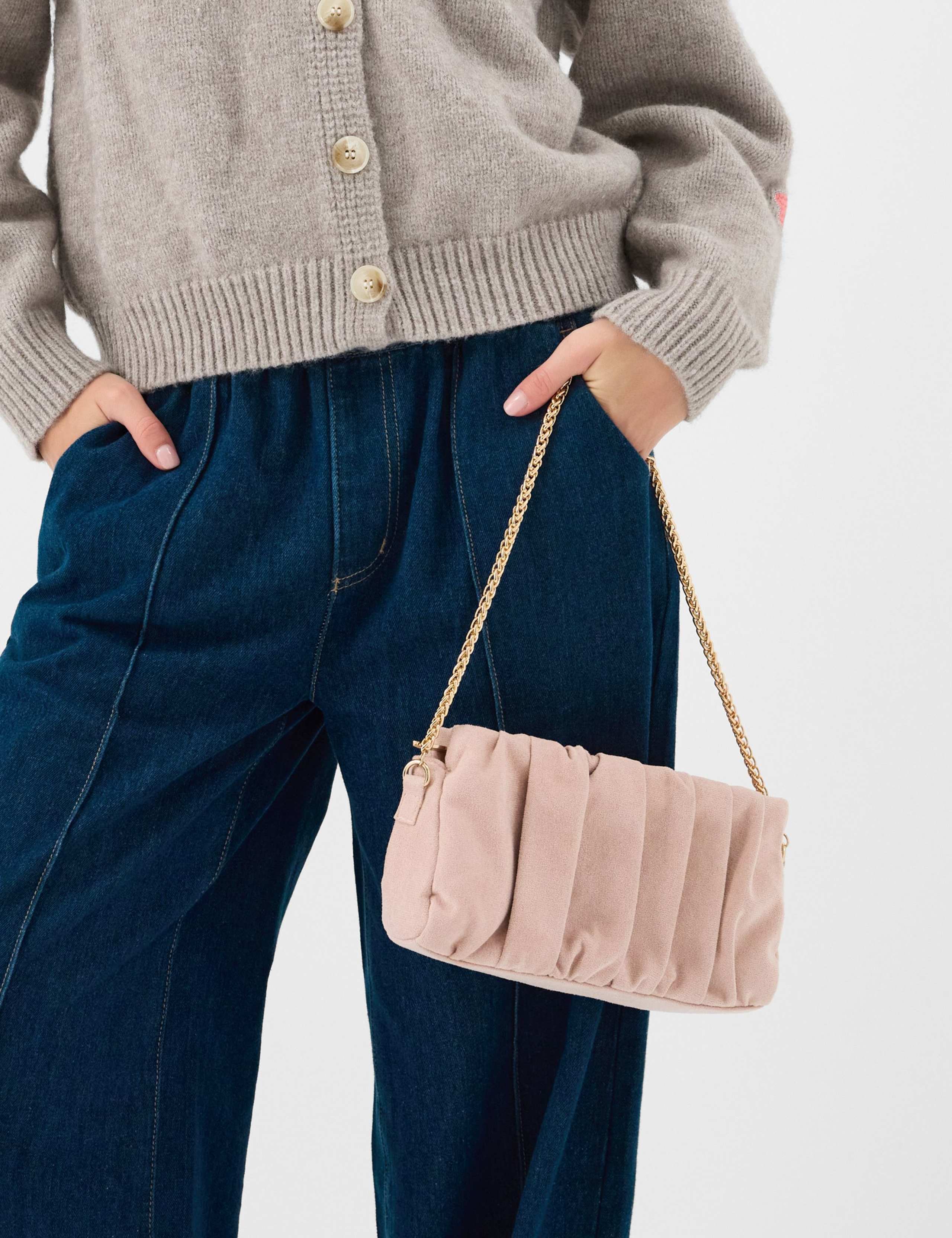 Faux Suede Ruched Chain Strap Clutch Bag 3 of 5