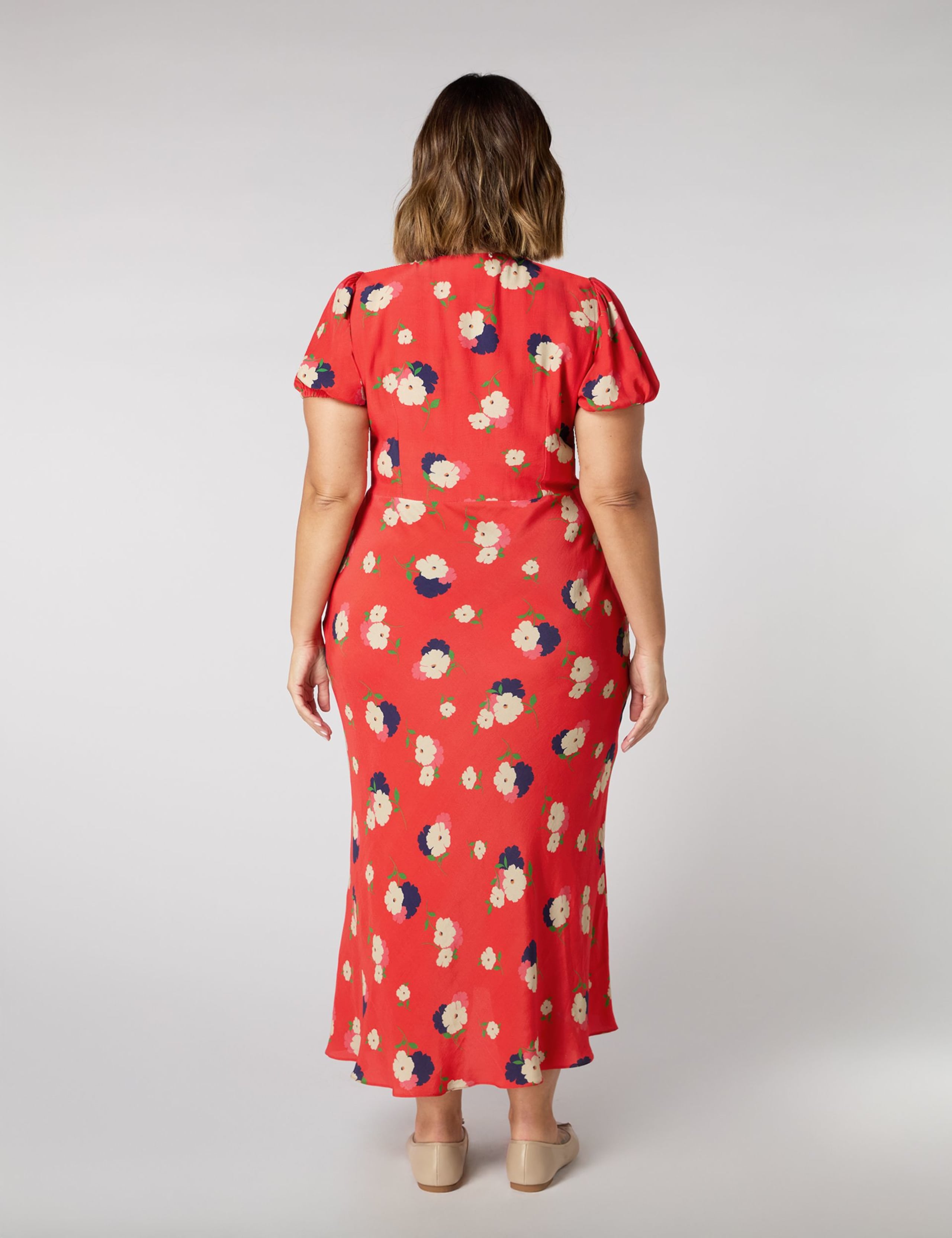 Floral V-Neck Puff Sleeve Midi Tea Dress 2 of 3