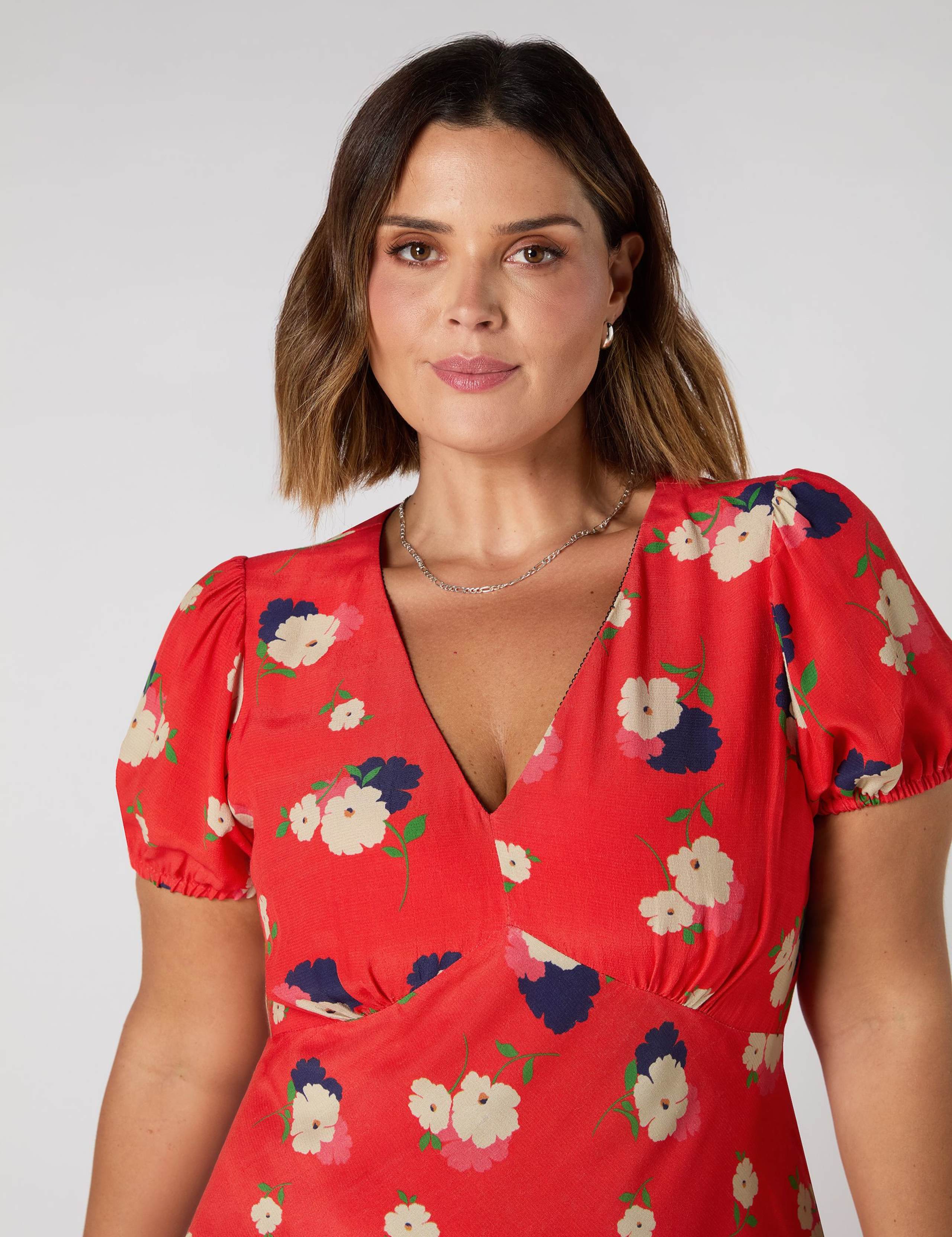 Floral V-Neck Puff Sleeve Midi Tea Dress 3 of 3