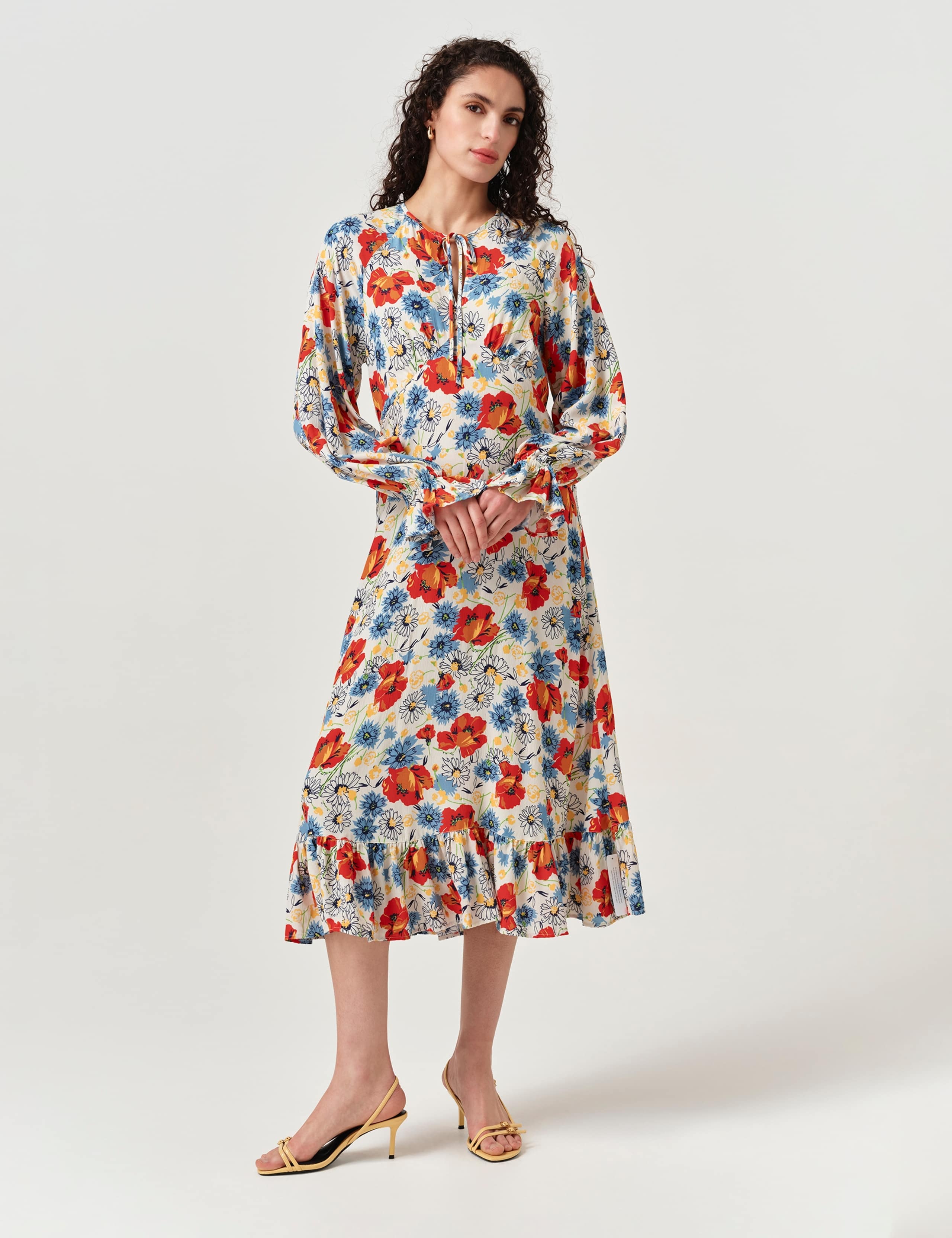 Crepe Floral Tie Neck Midi Tea Dress 2 of 6