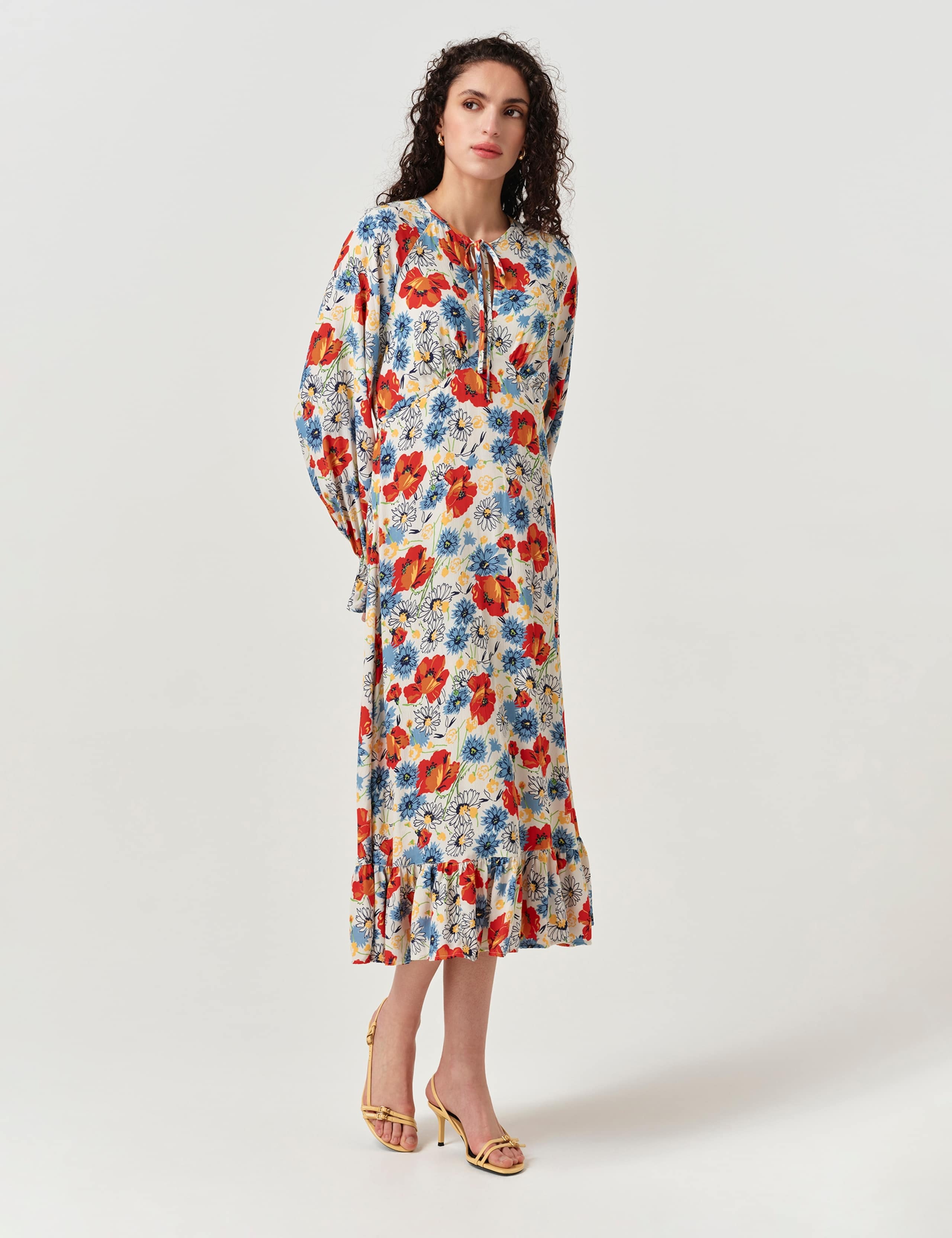 Crepe Floral Tie Neck Midi Tea Dress 4 of 6