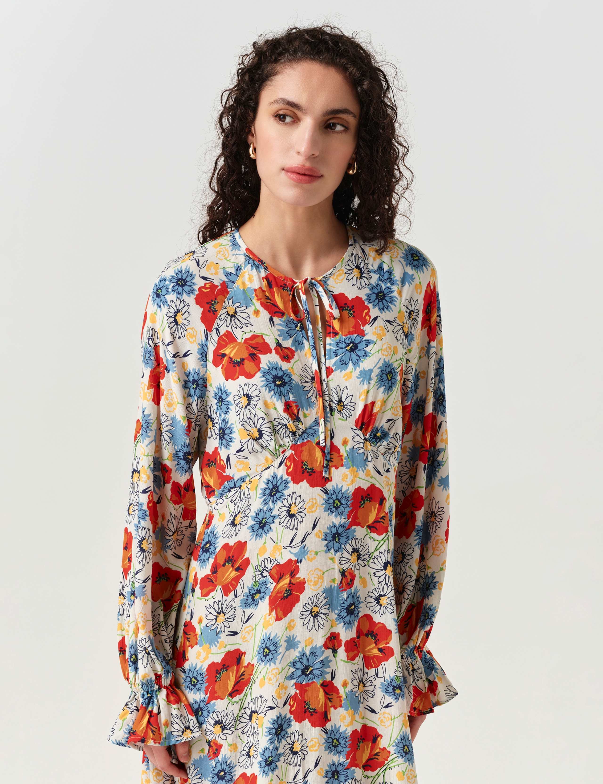 Crepe Floral Tie Neck Midi Tea Dress 5 of 6