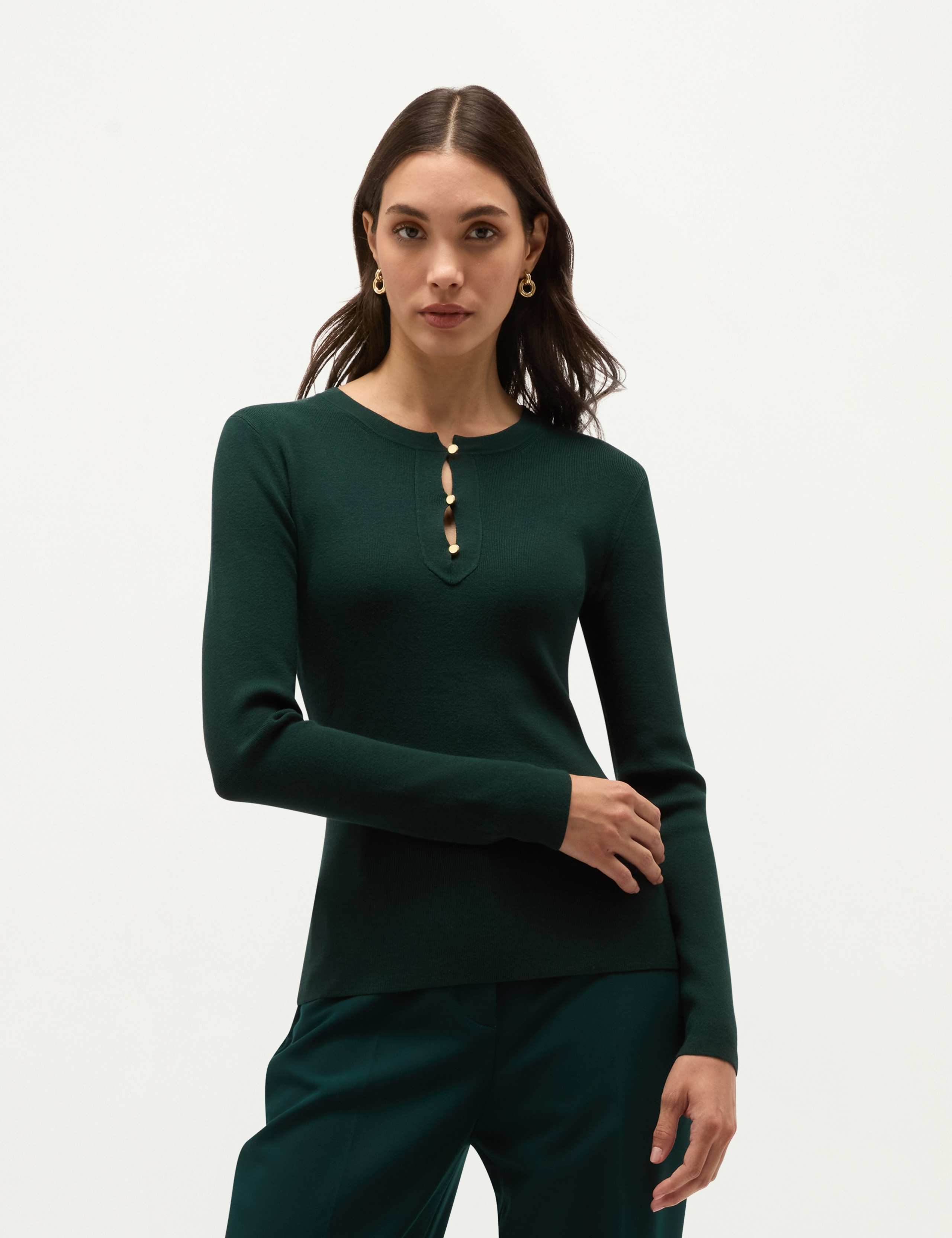 Rayon Rich Ribbed Crew Neck Button Detail Jumper 1 of 7