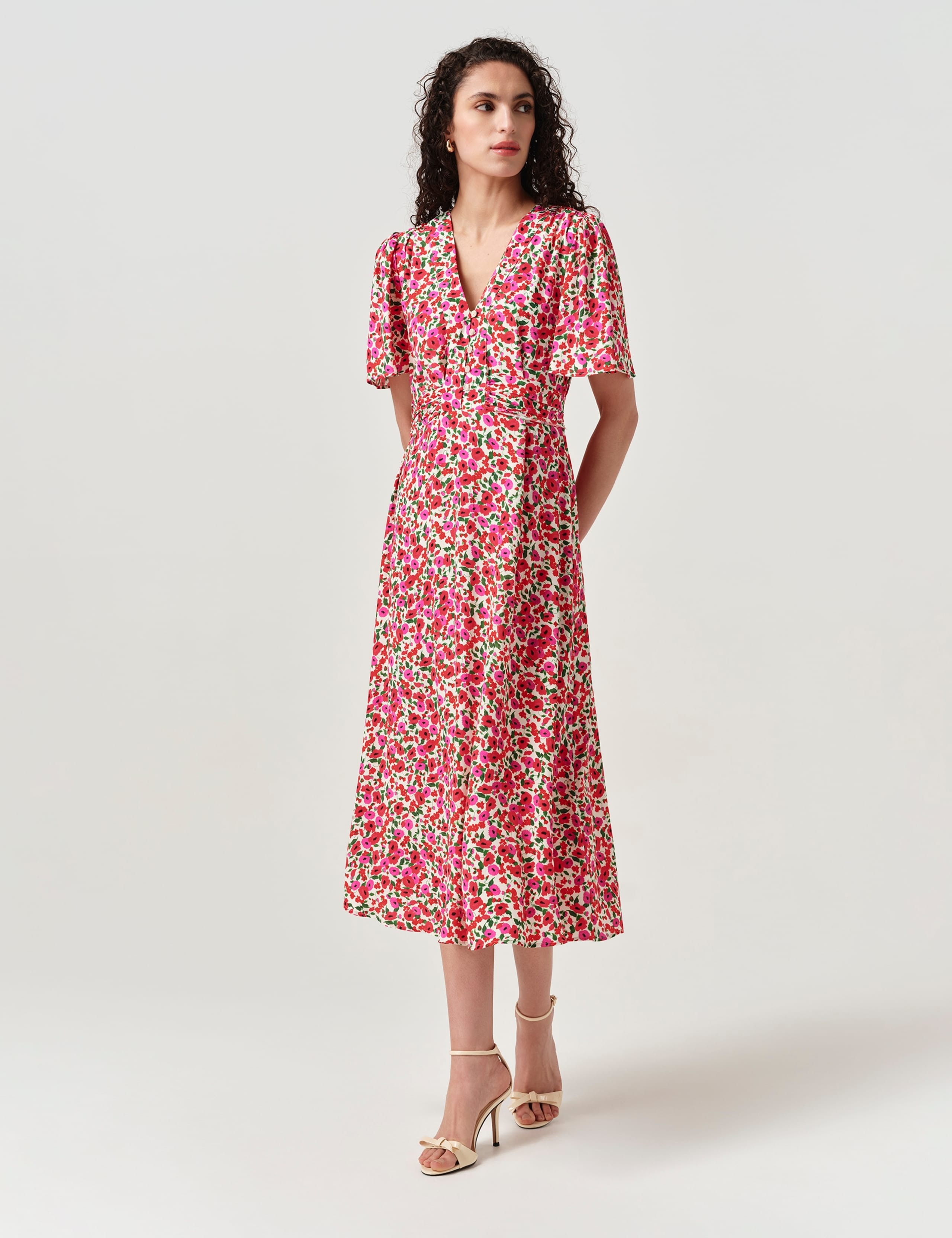 Crepe Floral V-Neck Tie Waist Midi Tea Dress 2 of 5