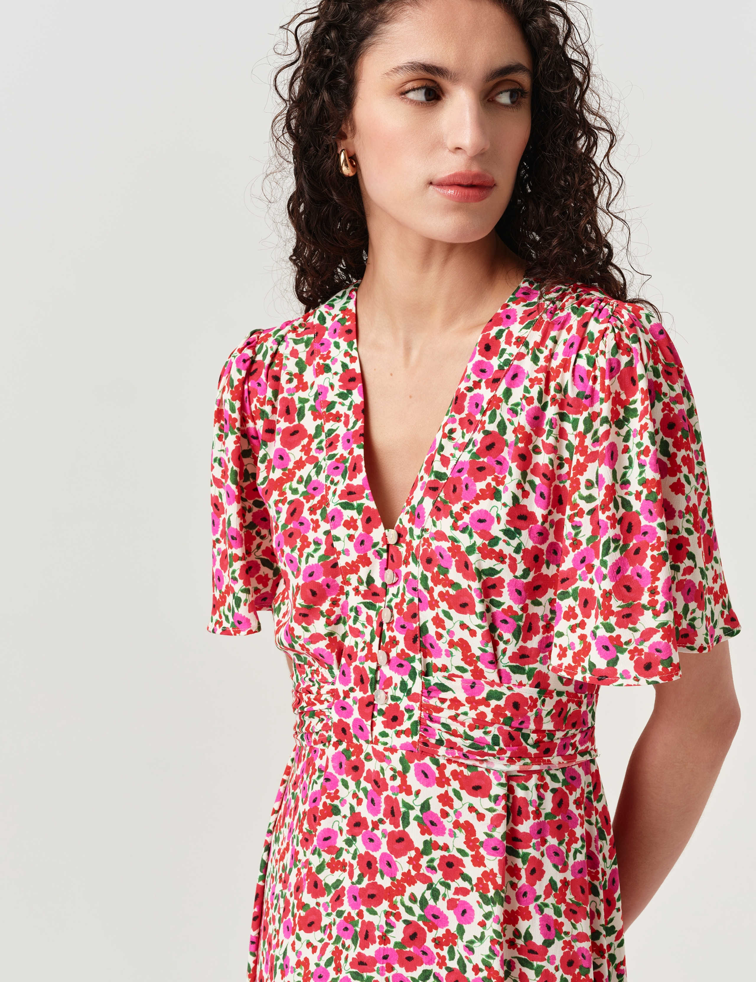 Crepe Floral V-Neck Tie Waist Midi Tea Dress 4 of 5