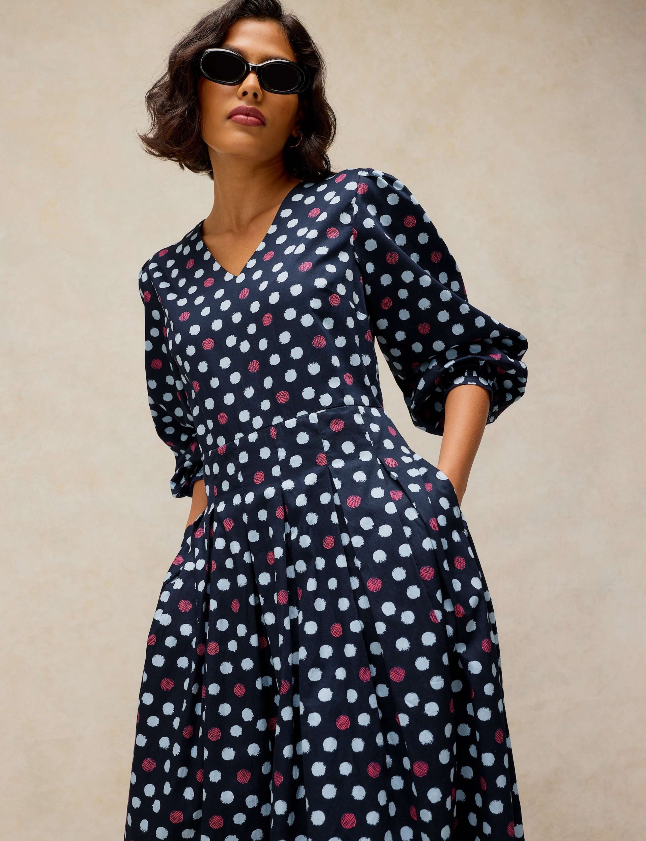 Pure Cotton Polka Dot Pleated Midi Dress 4 of 6