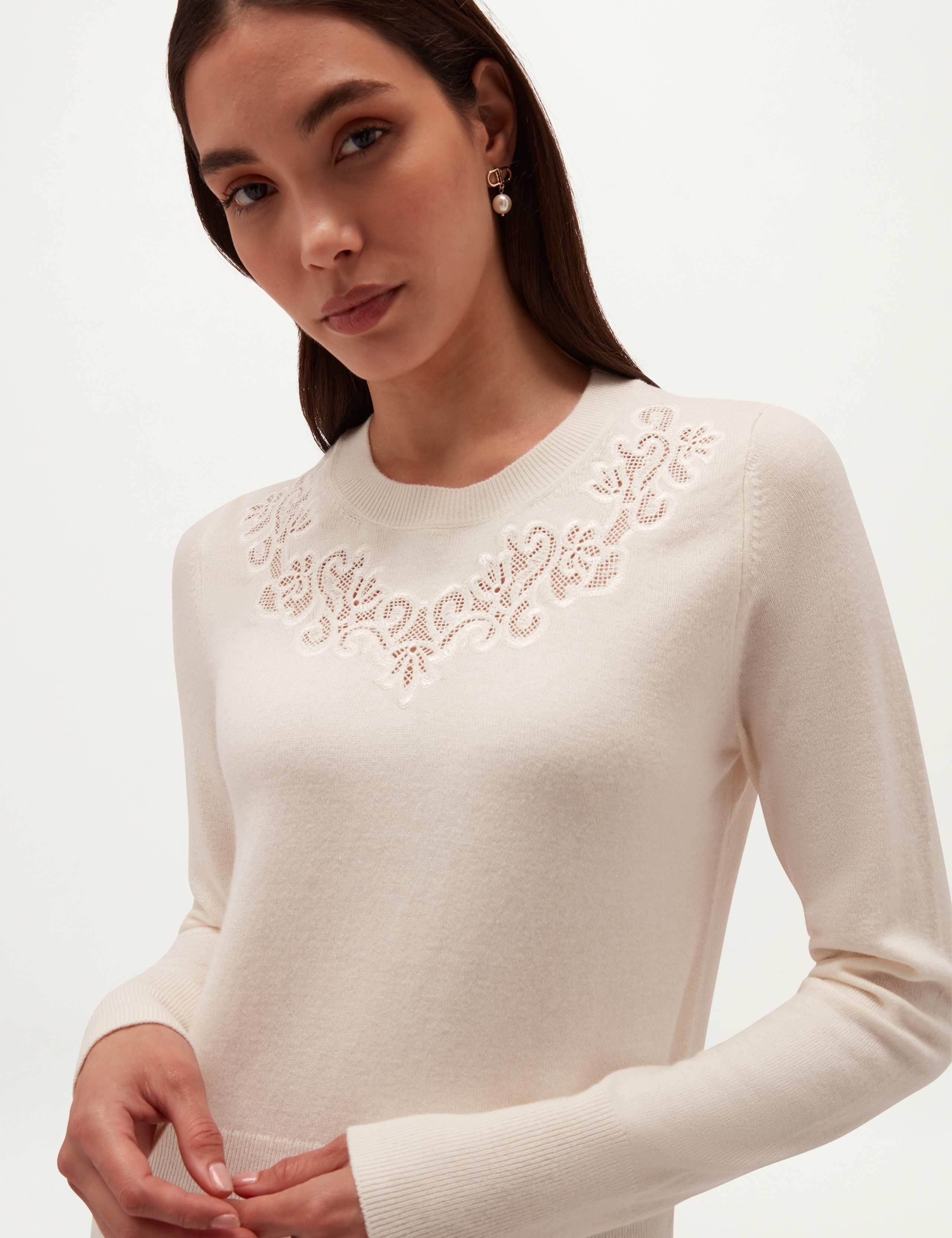 Merino Wool Cashmere Lace Detail Crew Neck Jumper 4 of 7