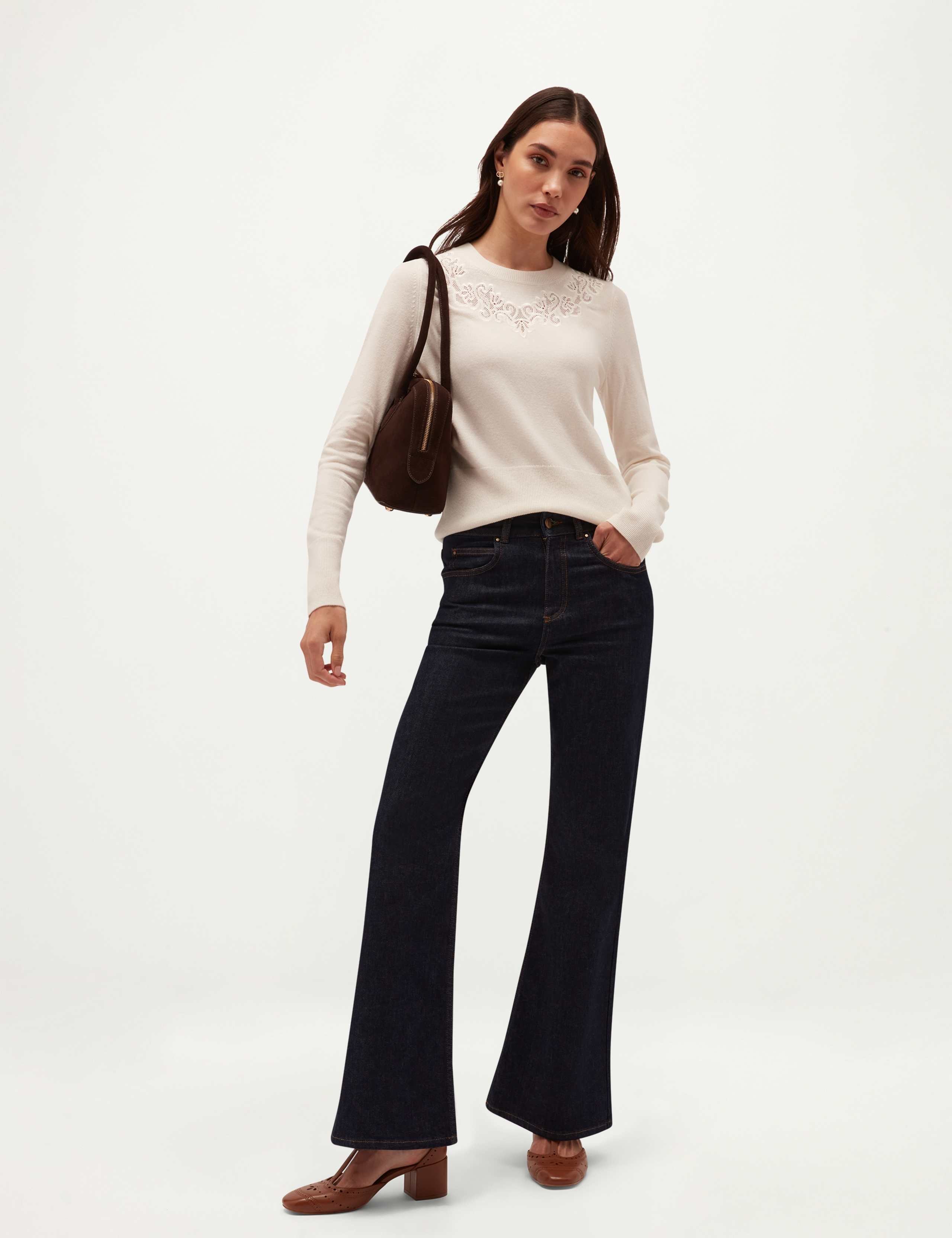 Merino Wool Cashmere Lace Detail Crew Neck Jumper 5 of 7