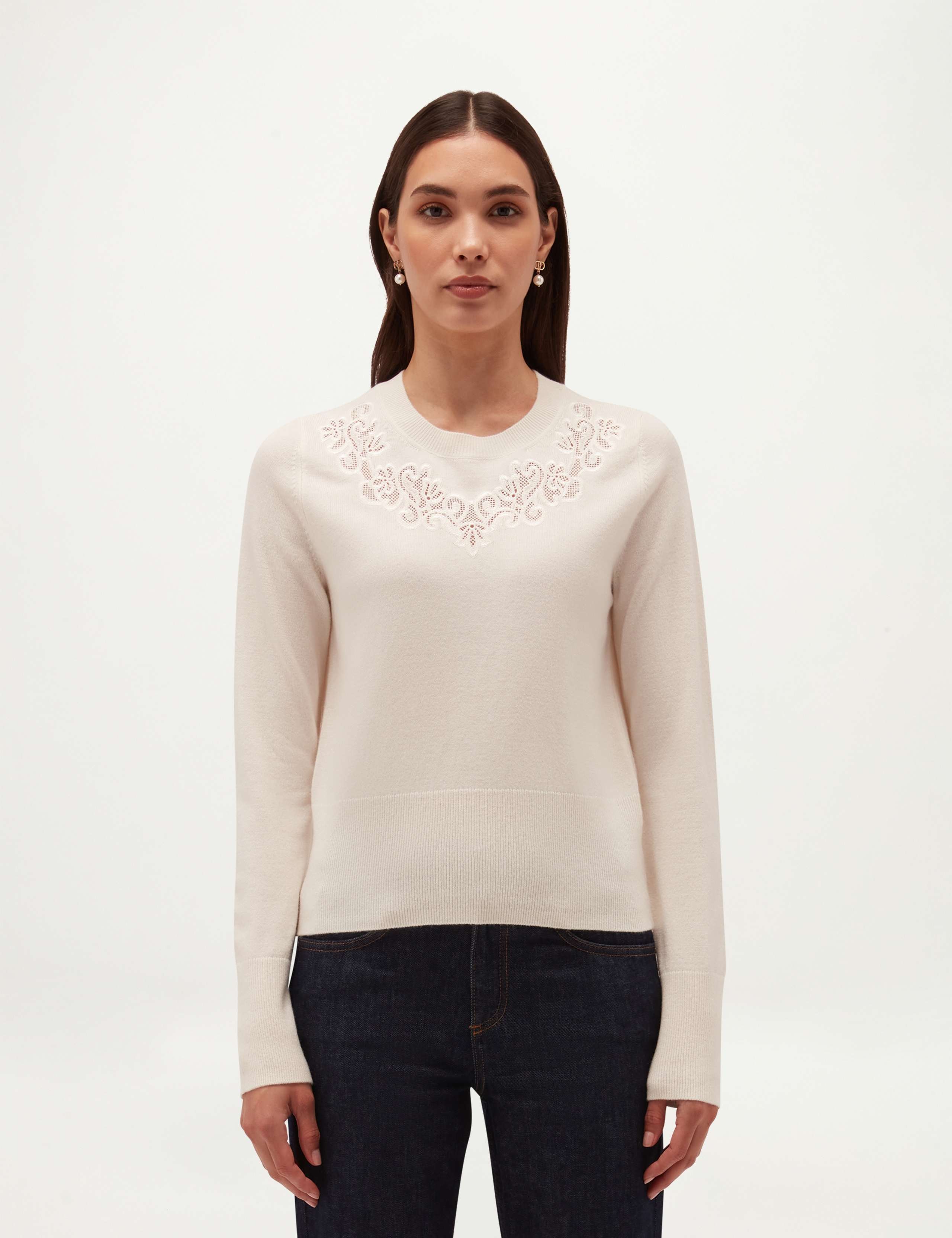 Merino Wool Cashmere Lace Detail Crew Neck Jumper 6 of 7