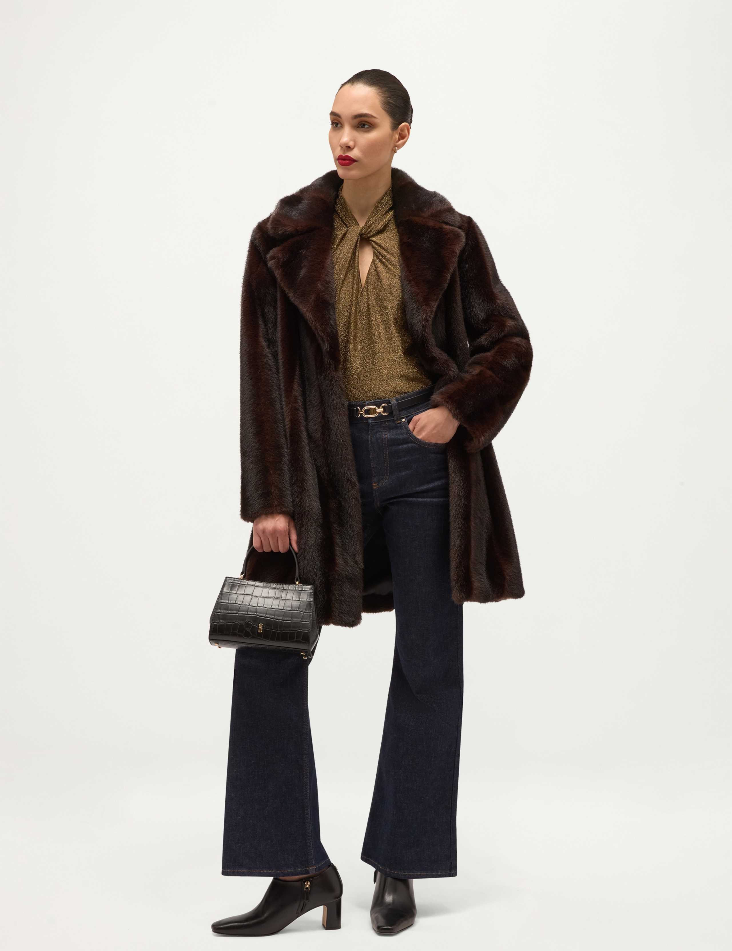 Faux Fur Collared Textured Coat 2 of 8