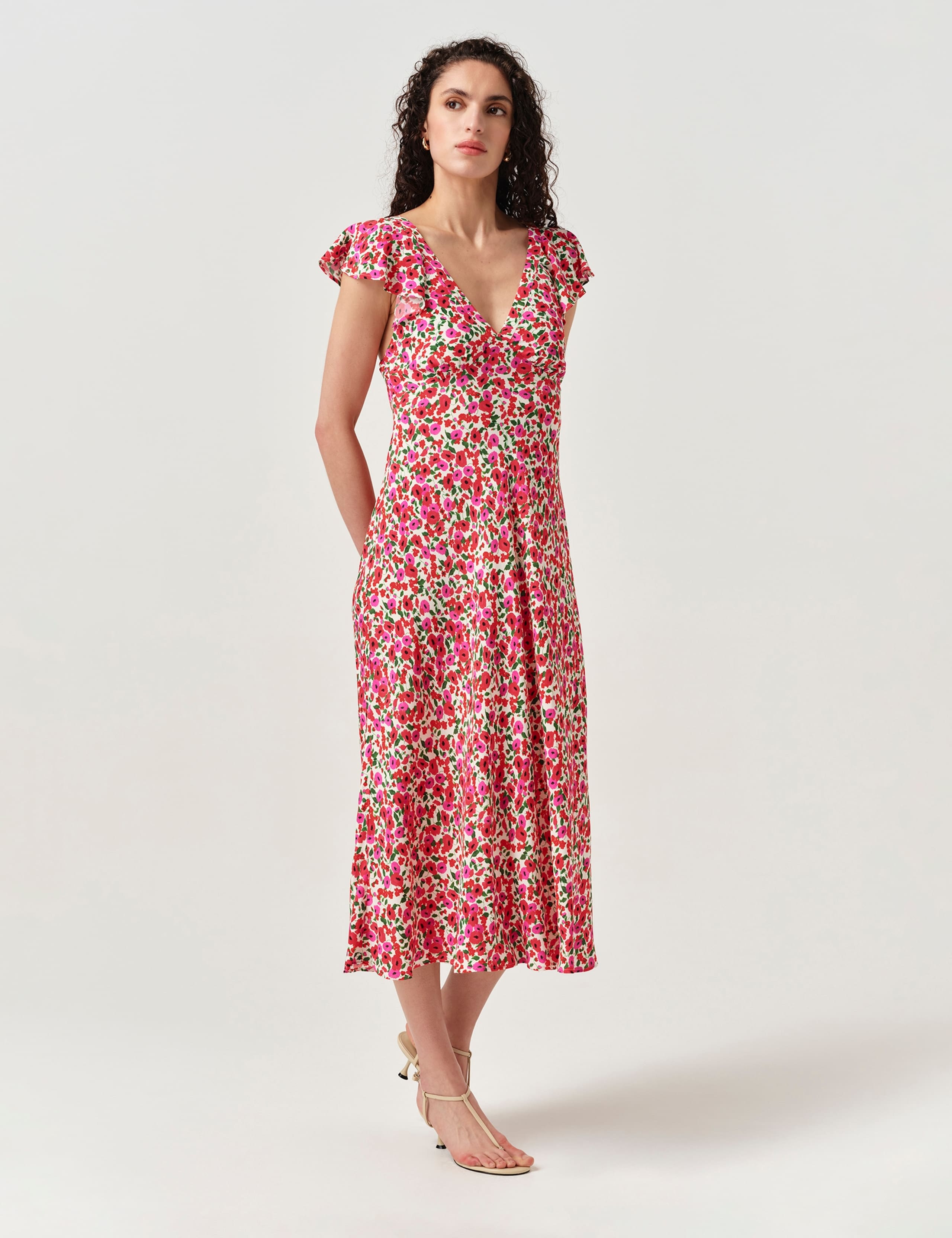 Crepe Floral V-Neck Midi Tea Dress 2 of 6