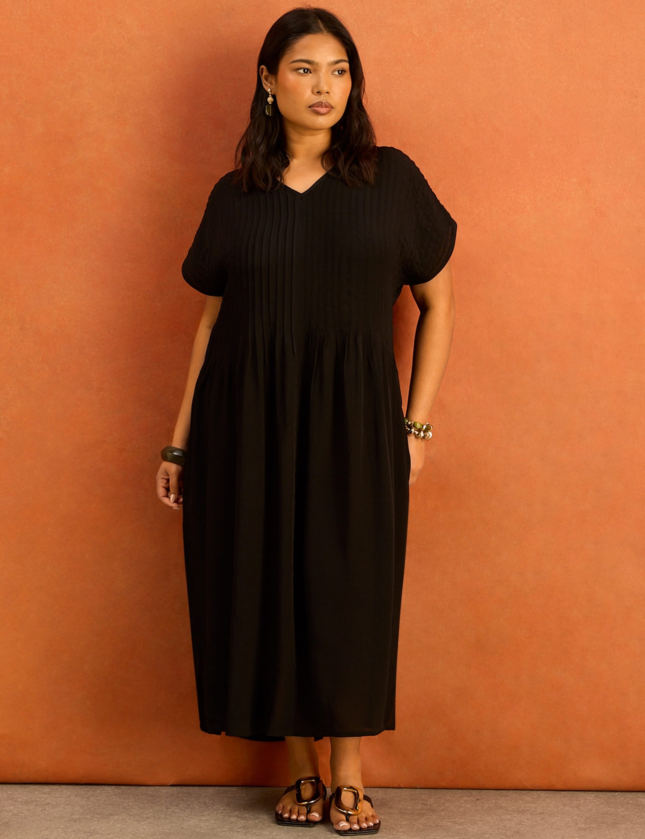 V-Neck Pleated Midaxi Smock Dress 2 of 6