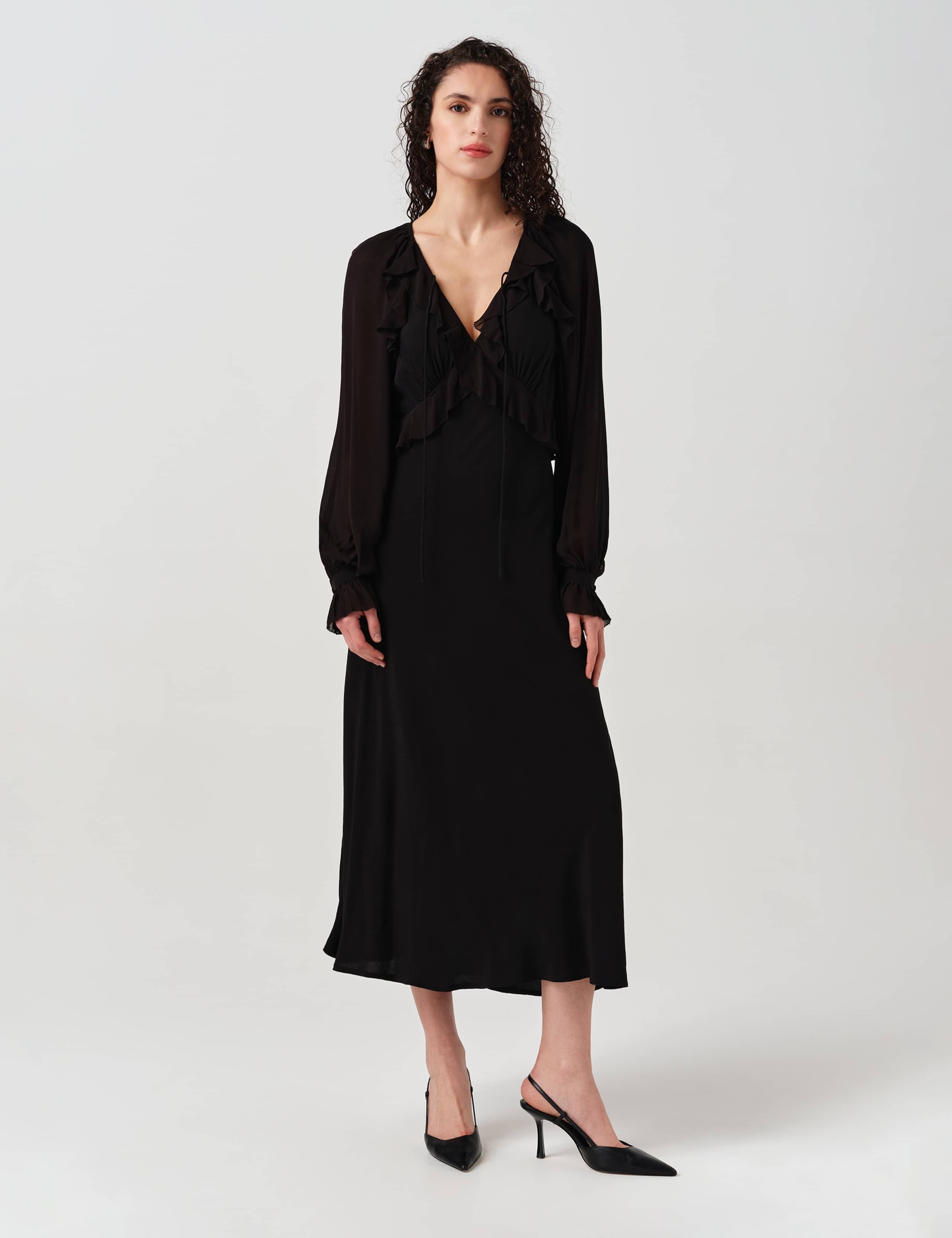 V-Neck Frill Detail Midi Dress 1 of 6