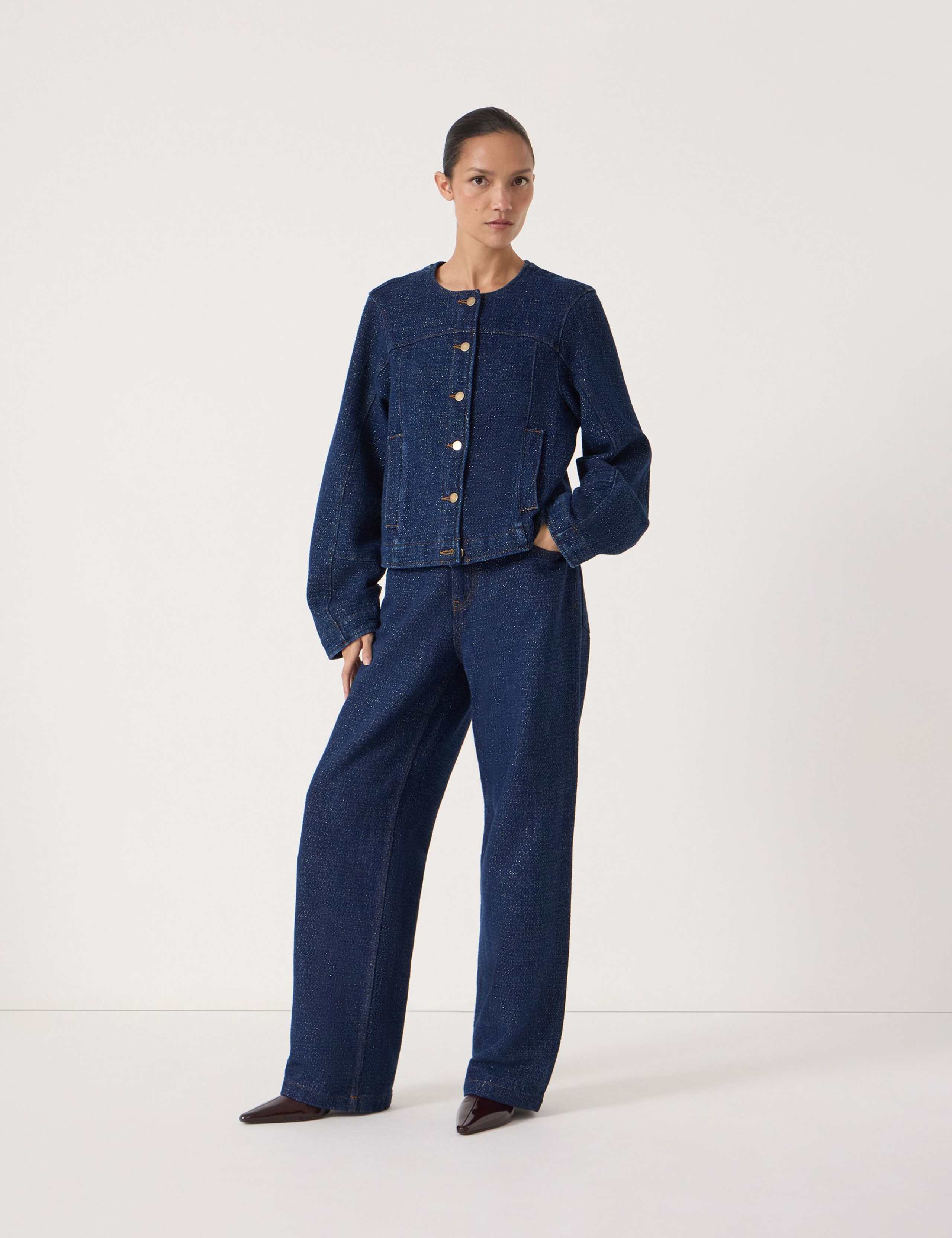 Denim Sparkly Collarless Jacket 5 of 7