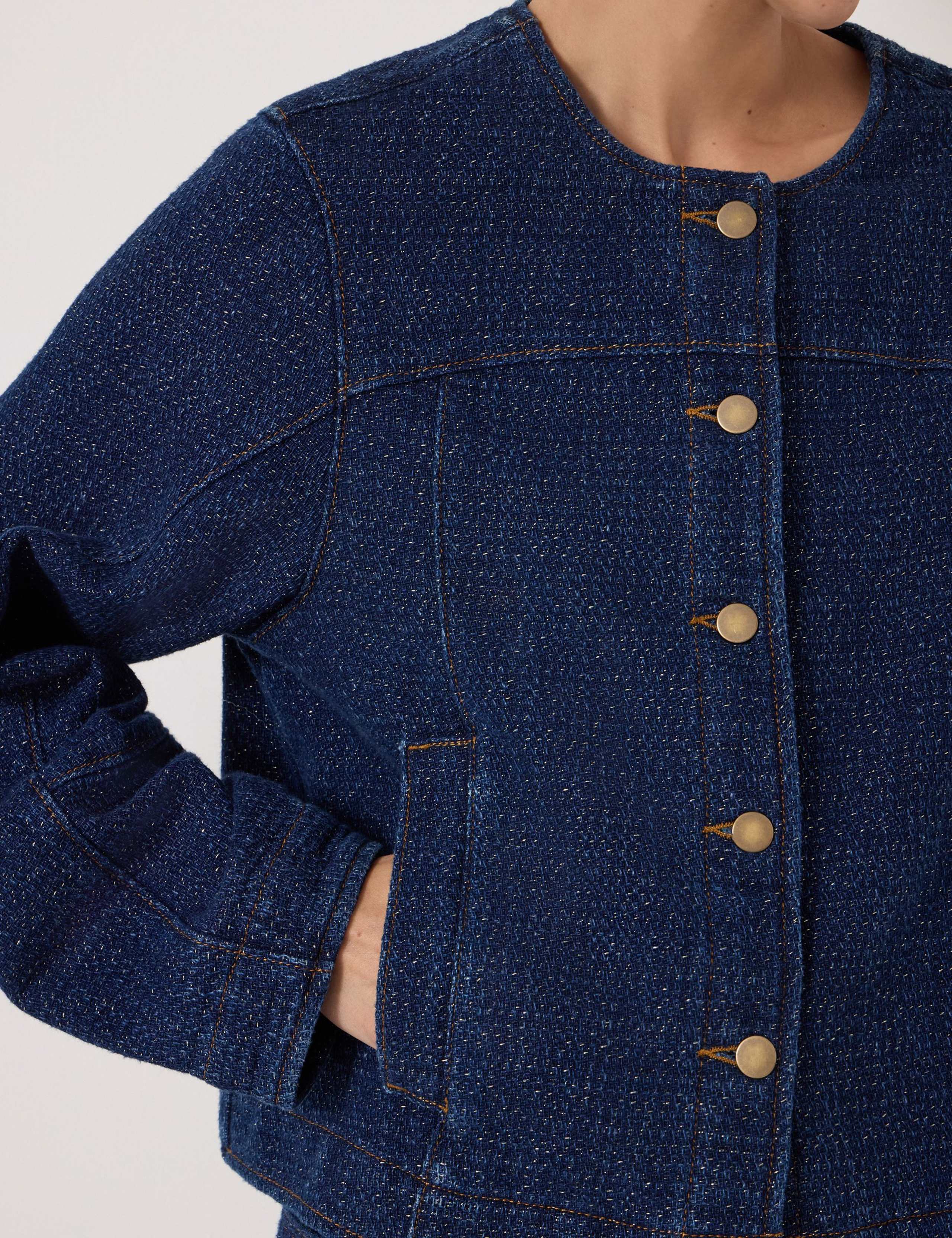 Denim Sparkly Collarless Jacket 7 of 7