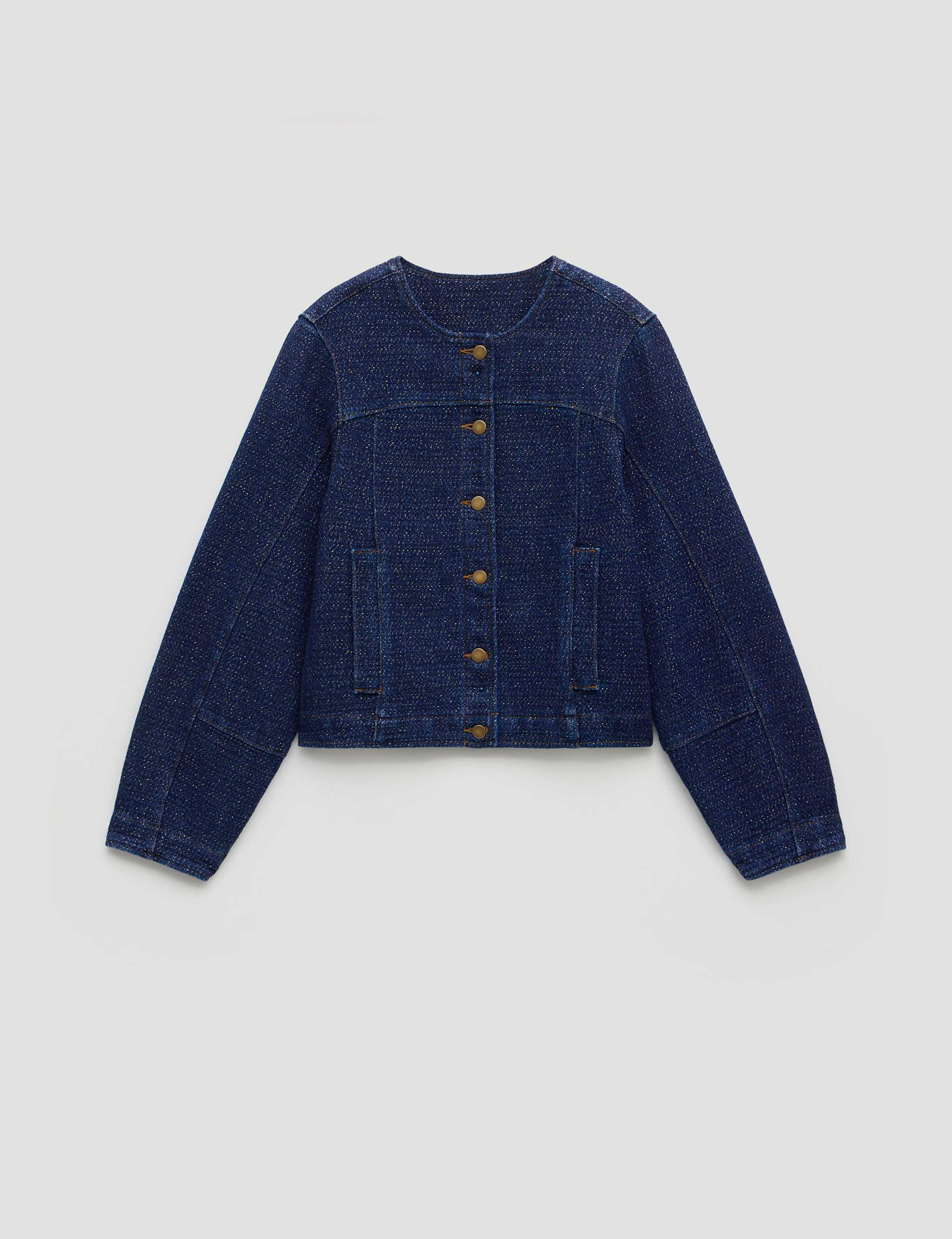 Denim Sparkly Collarless Jacket 2 of 7
