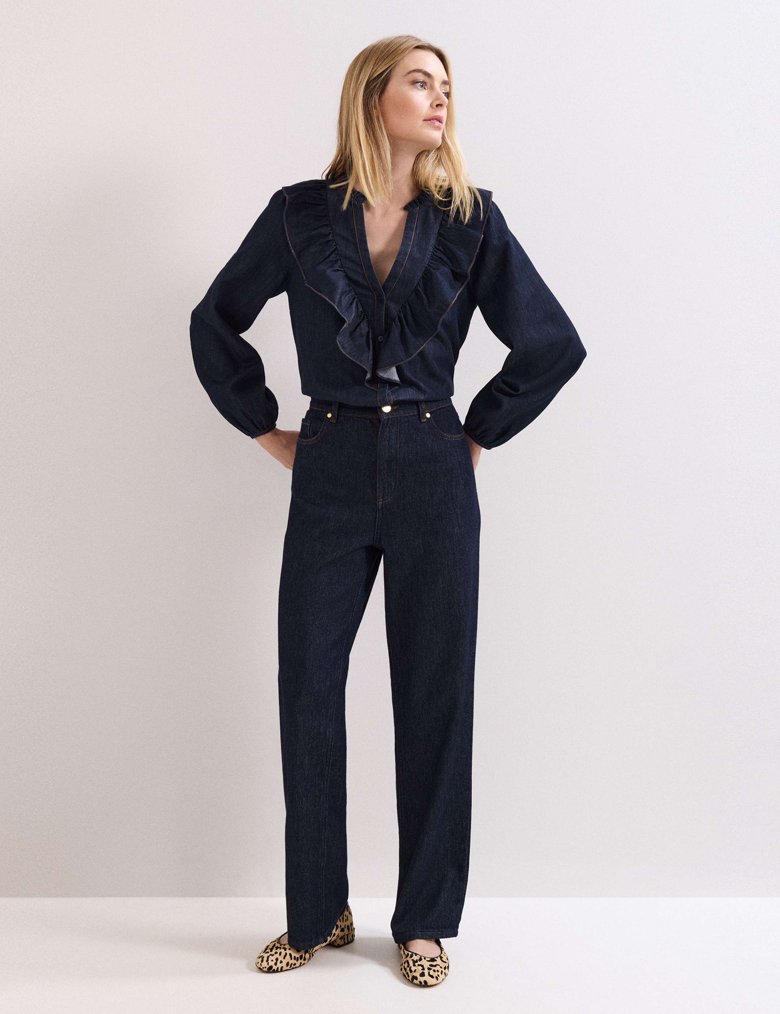 Cotton Rich Denim V-Neck Frill Detail Blouse 3 of 8