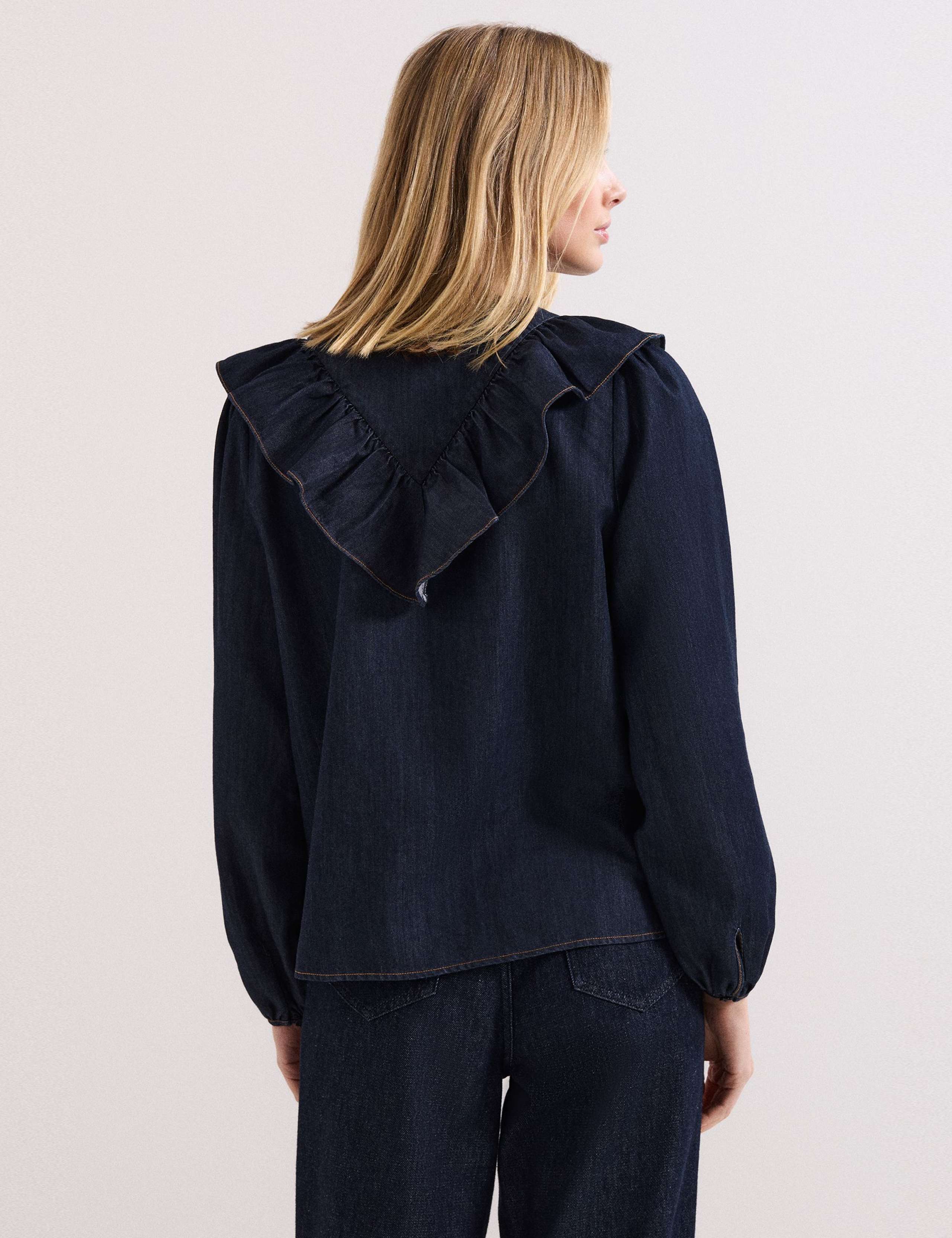Cotton Rich Denim V-Neck Frill Detail Blouse 4 of 8