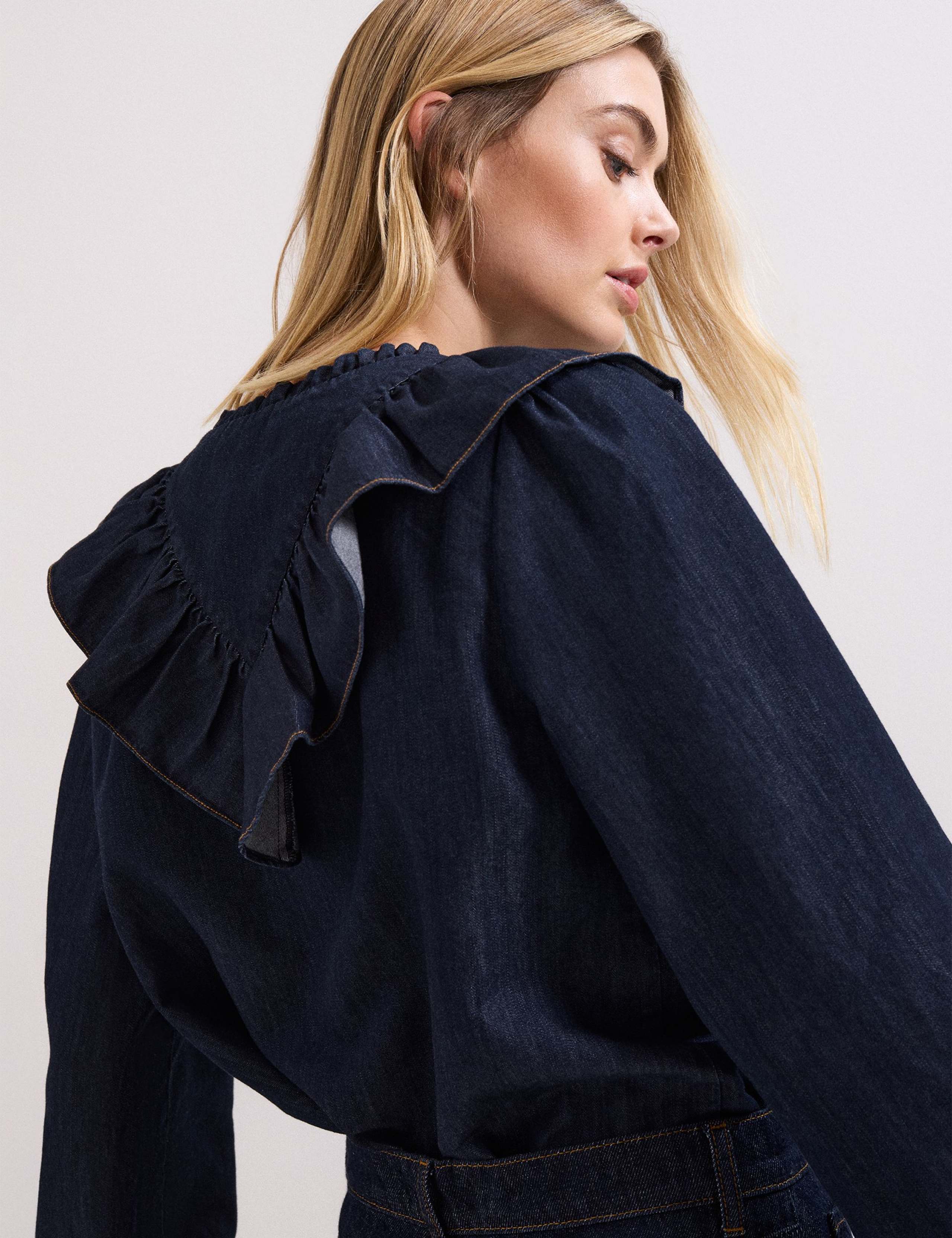 Cotton Rich Denim V-Neck Frill Detail Blouse 5 of 8