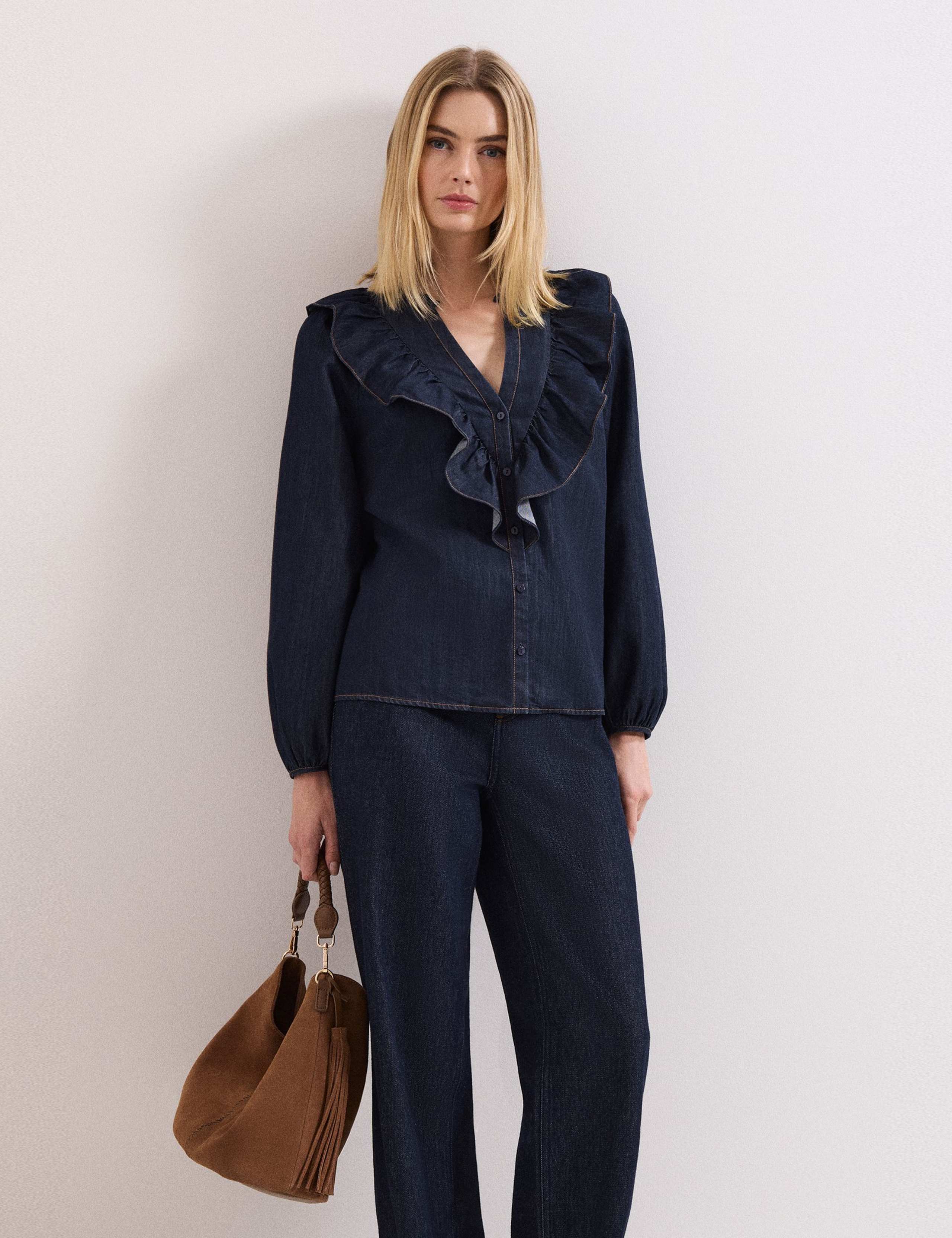 Cotton Rich Denim V-Neck Frill Detail Blouse 6 of 8