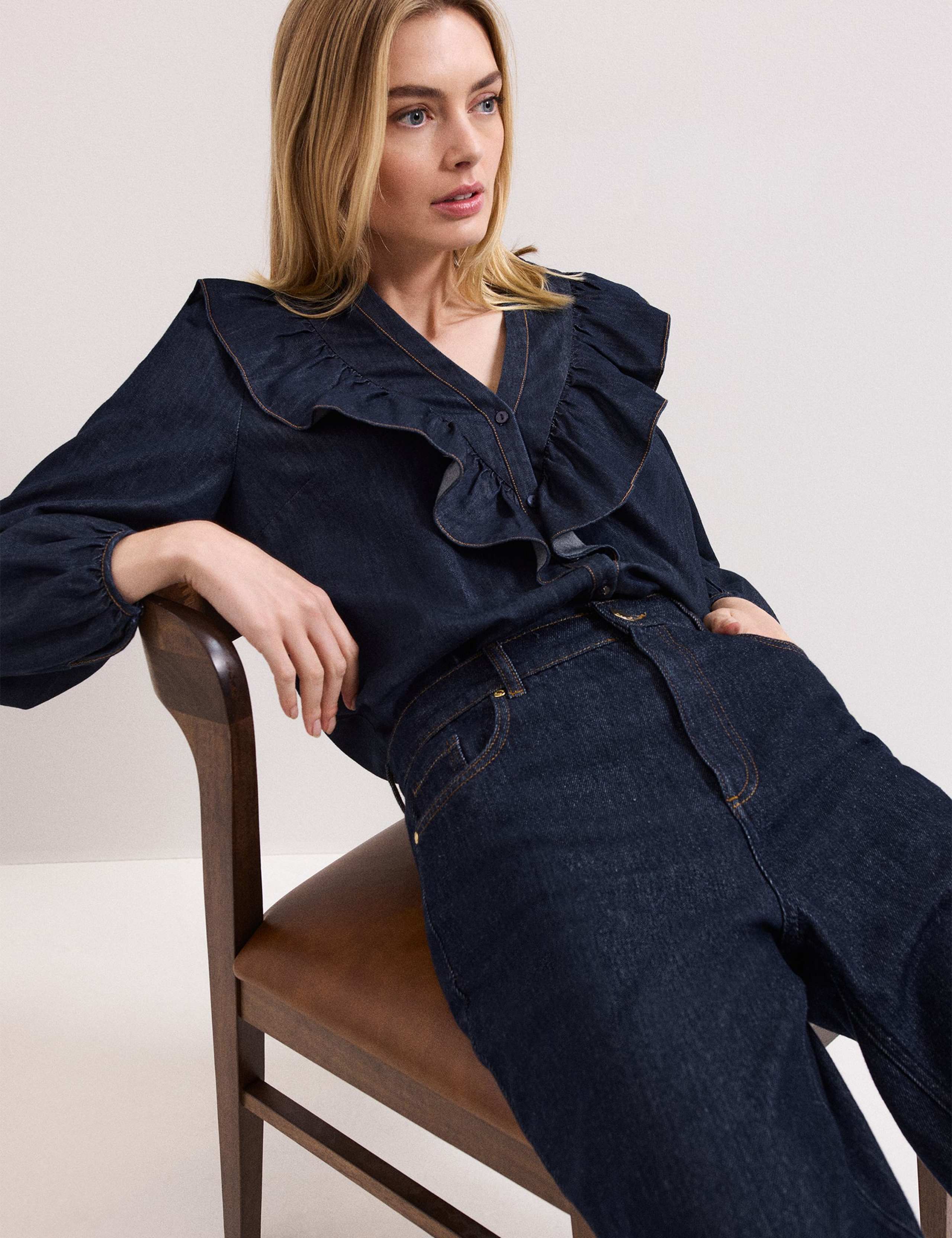 Cotton Rich Denim V-Neck Frill Detail Blouse 7 of 8