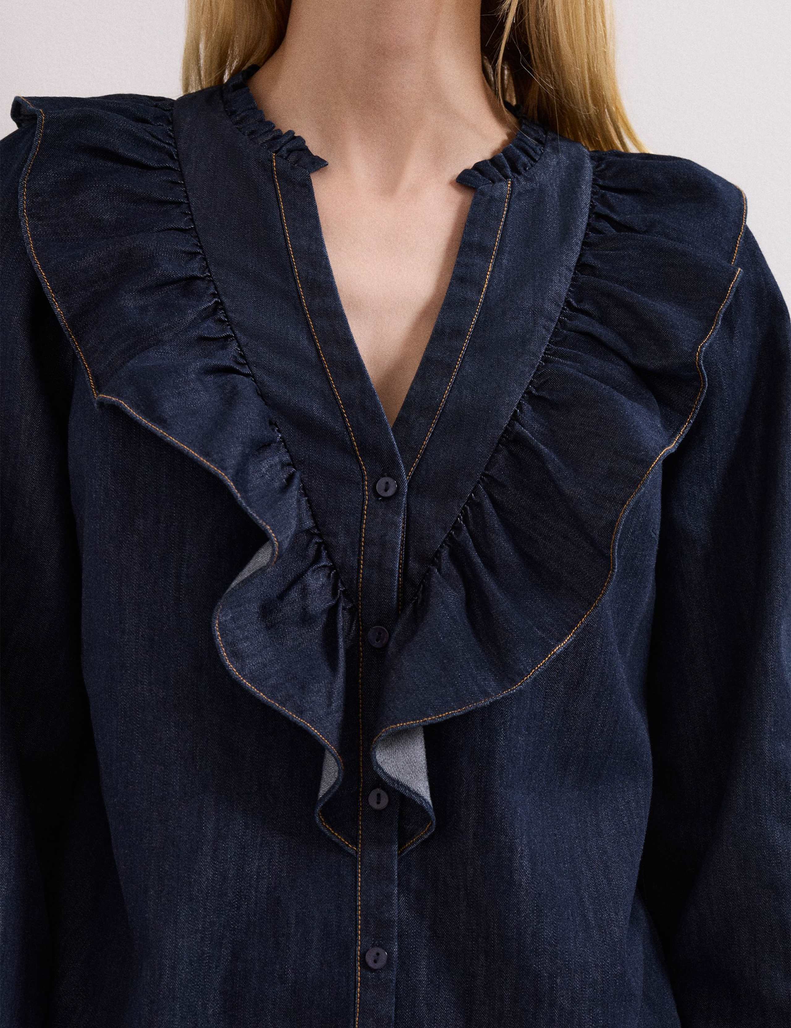 Cotton Rich Denim V-Neck Frill Detail Blouse 8 of 8