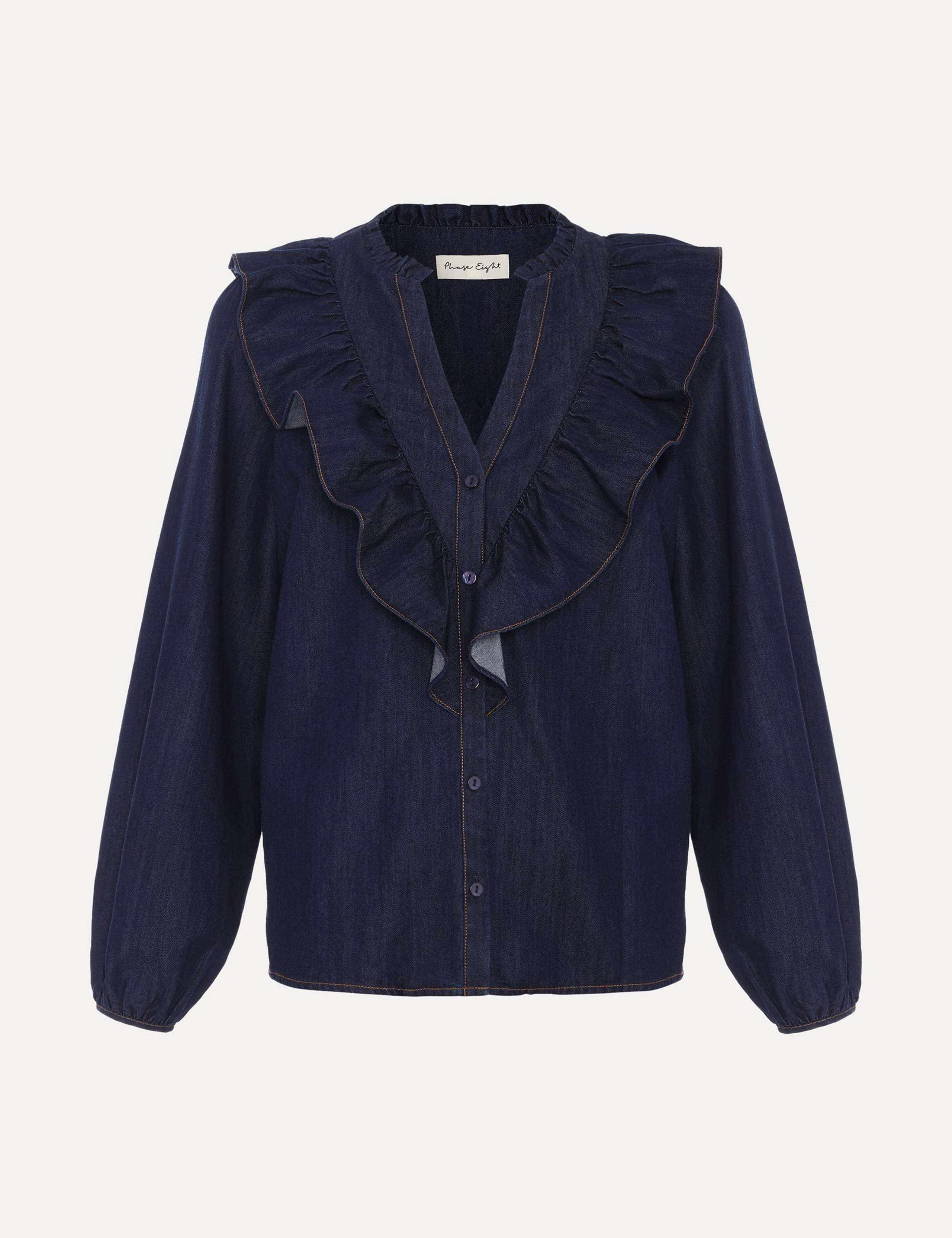 Cotton Rich Denim V-Neck Frill Detail Blouse 2 of 8