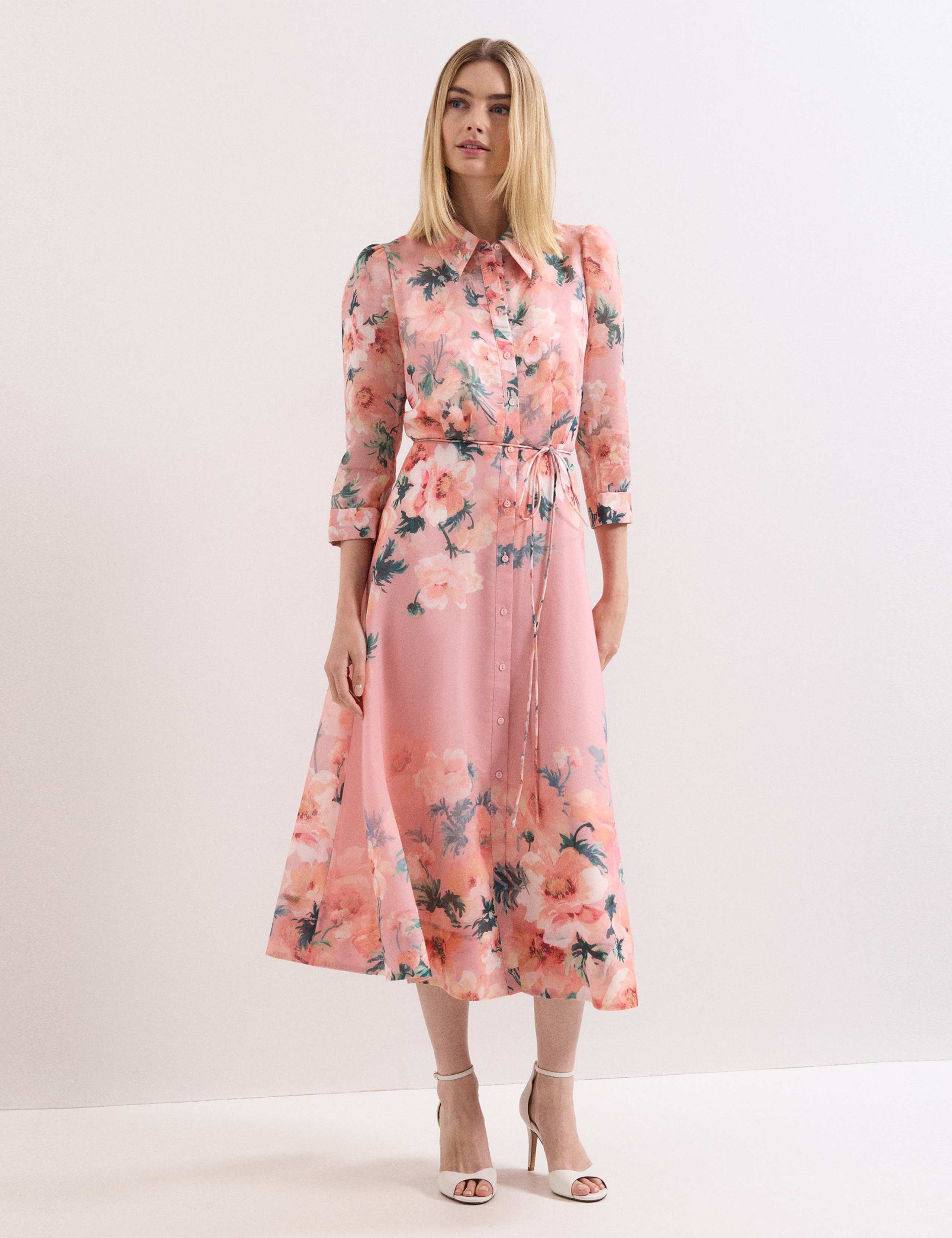 Floral Tie Waist Midi Shirt Dress 1 of 7