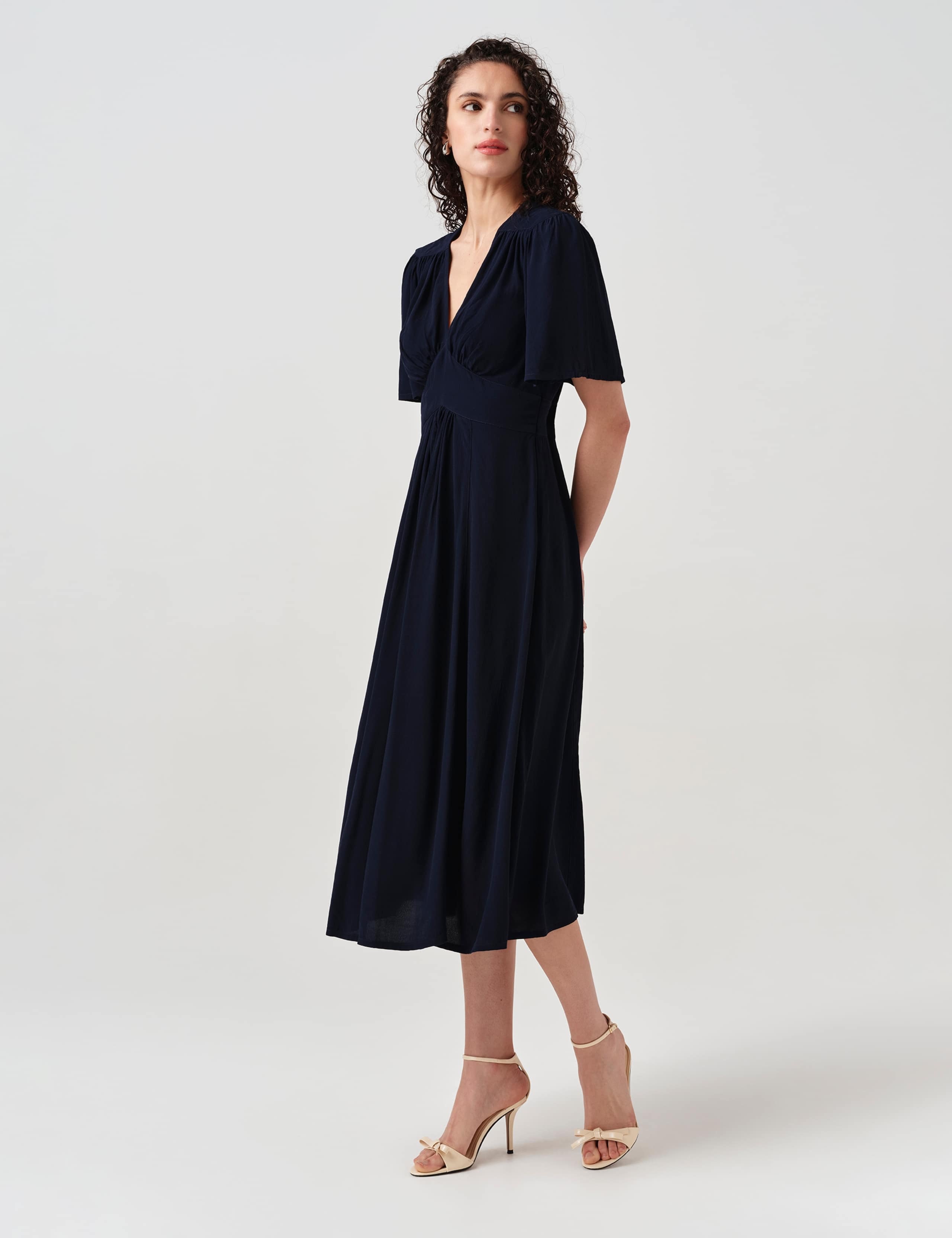 Crepe V-Neck Angel Sleeve Midi Tea Dress 2 of 6